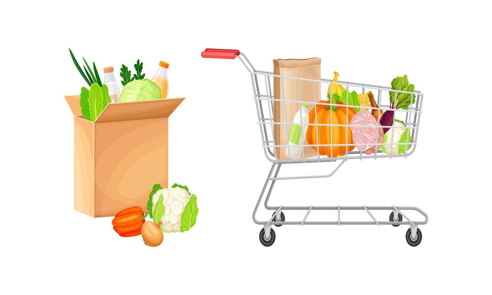 Healthy grocery products in cardboard box and shopping cart set. Organic food illustration vector