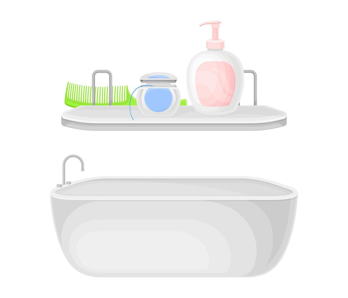 Bath furniture and accessories set. Shelf with cosmetic bottles and bathtub illustration vector