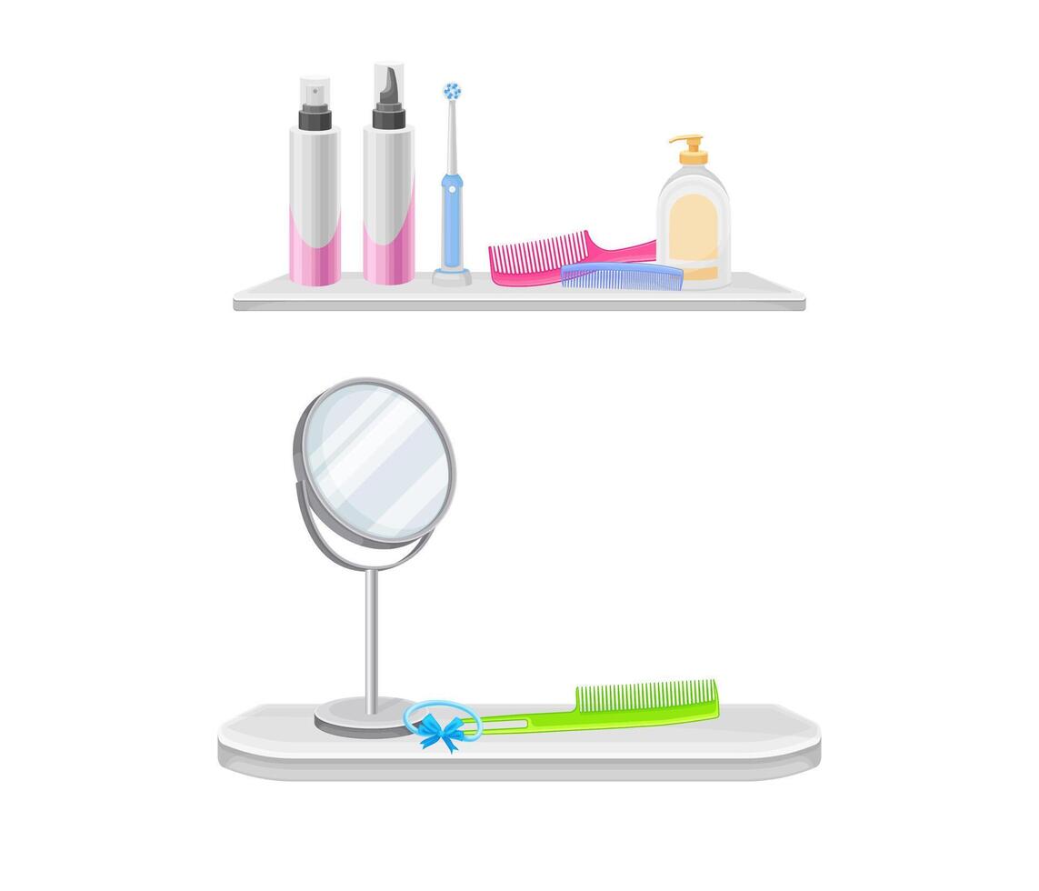 Bath accessories set. Shelves with cosmetic bottles, mirror, comb illustration vector