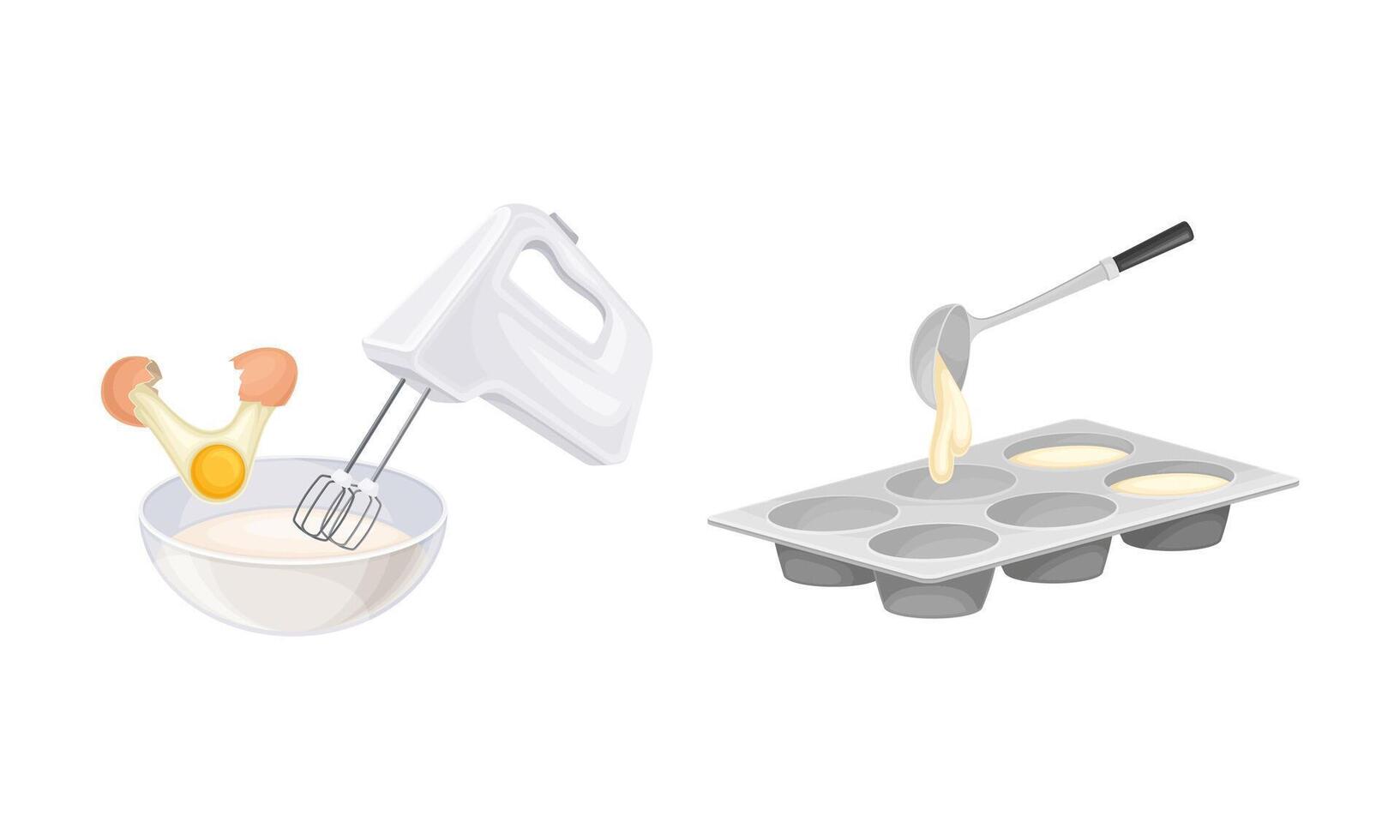 Baking utensils and cooking ingredients set. Baking dish for muffins, mixer and bakery products illustration vector