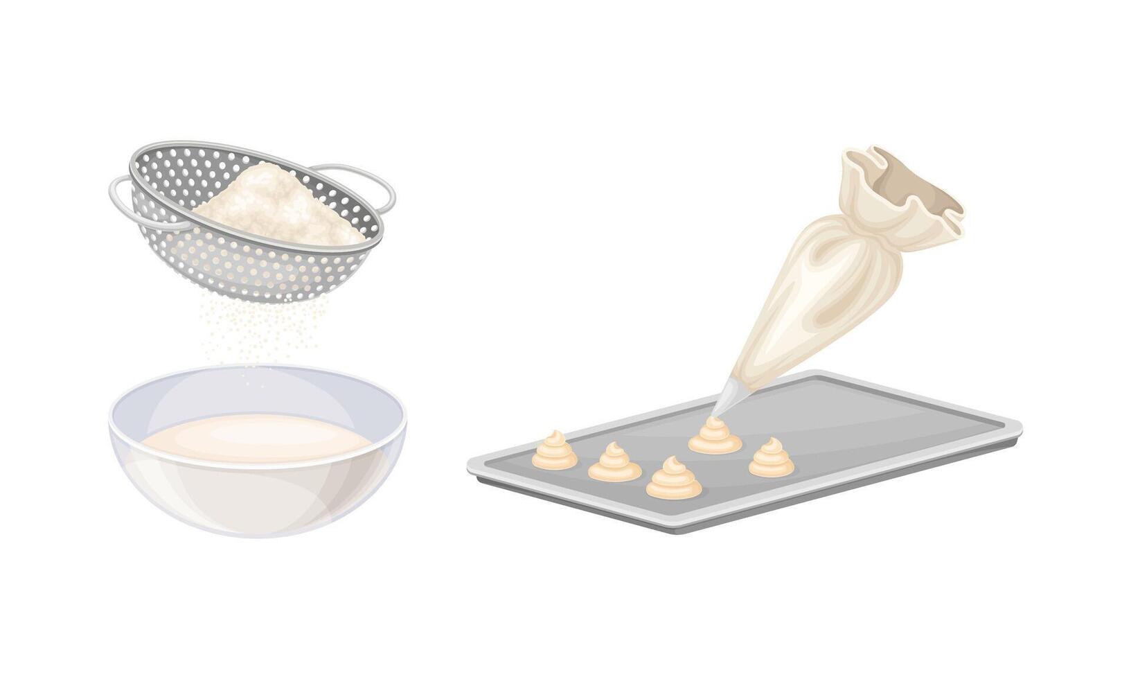 Baking utensils and cooking ingredients set. Pastry bag, sieve, tray illustration vector