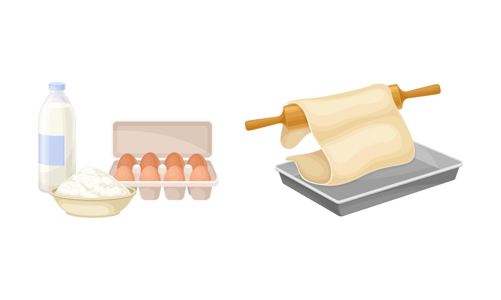 Baking utensils and cooking ingredients set illustration on white background vector