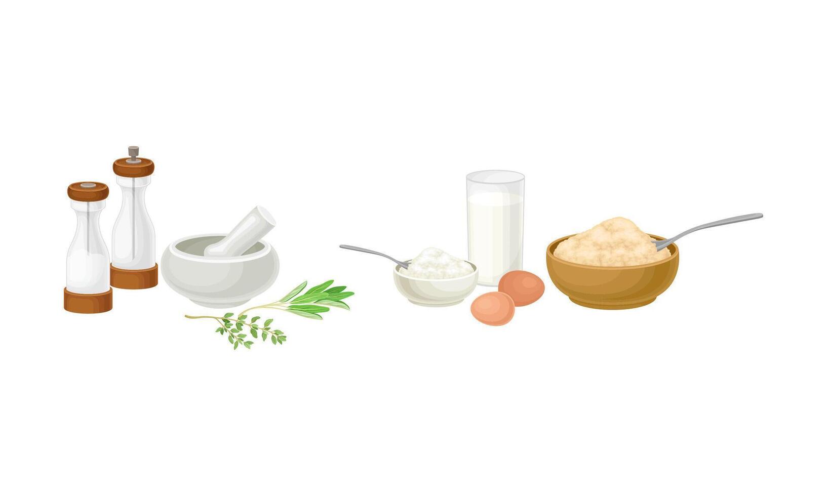 Baking utensils and cooking ingredients set. Salt, pepper, egg, flour and milk, illustration vector