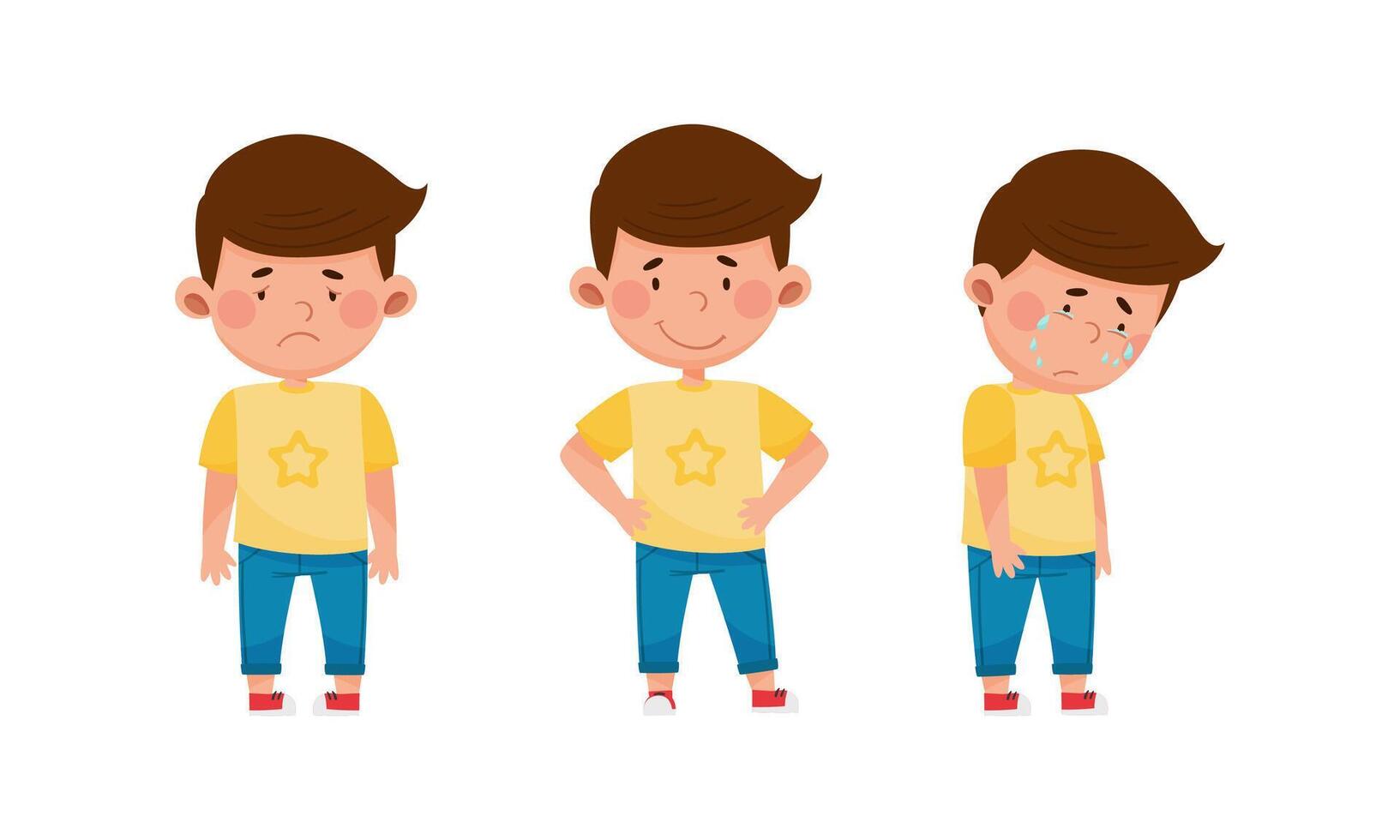 Cute boy showing different emotions set. Kid with unhappy, cheerful, upse face expression cartoon illustration vector