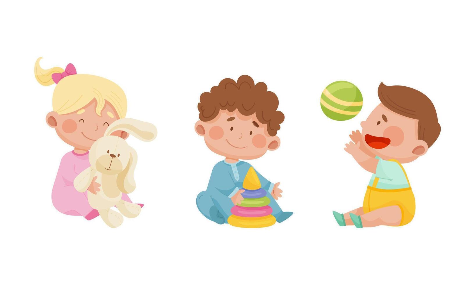 Cute babies playing toys set. Lovely toddler boy and girl with bunny, pyramid and ball cartoon illustration vector