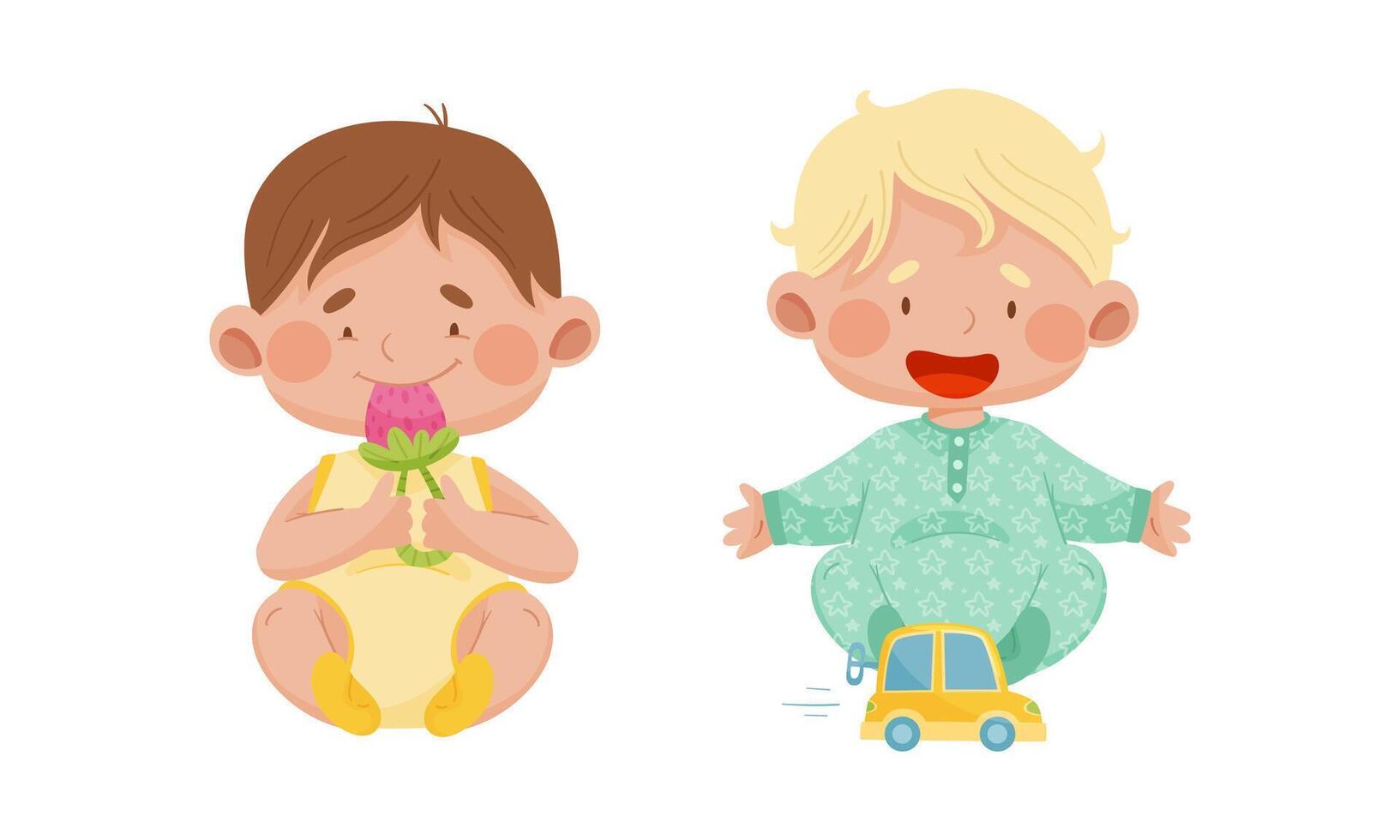 Cute babies playing toys set. Lovely toddler boys with nipple teether and car cartoon illustration vector