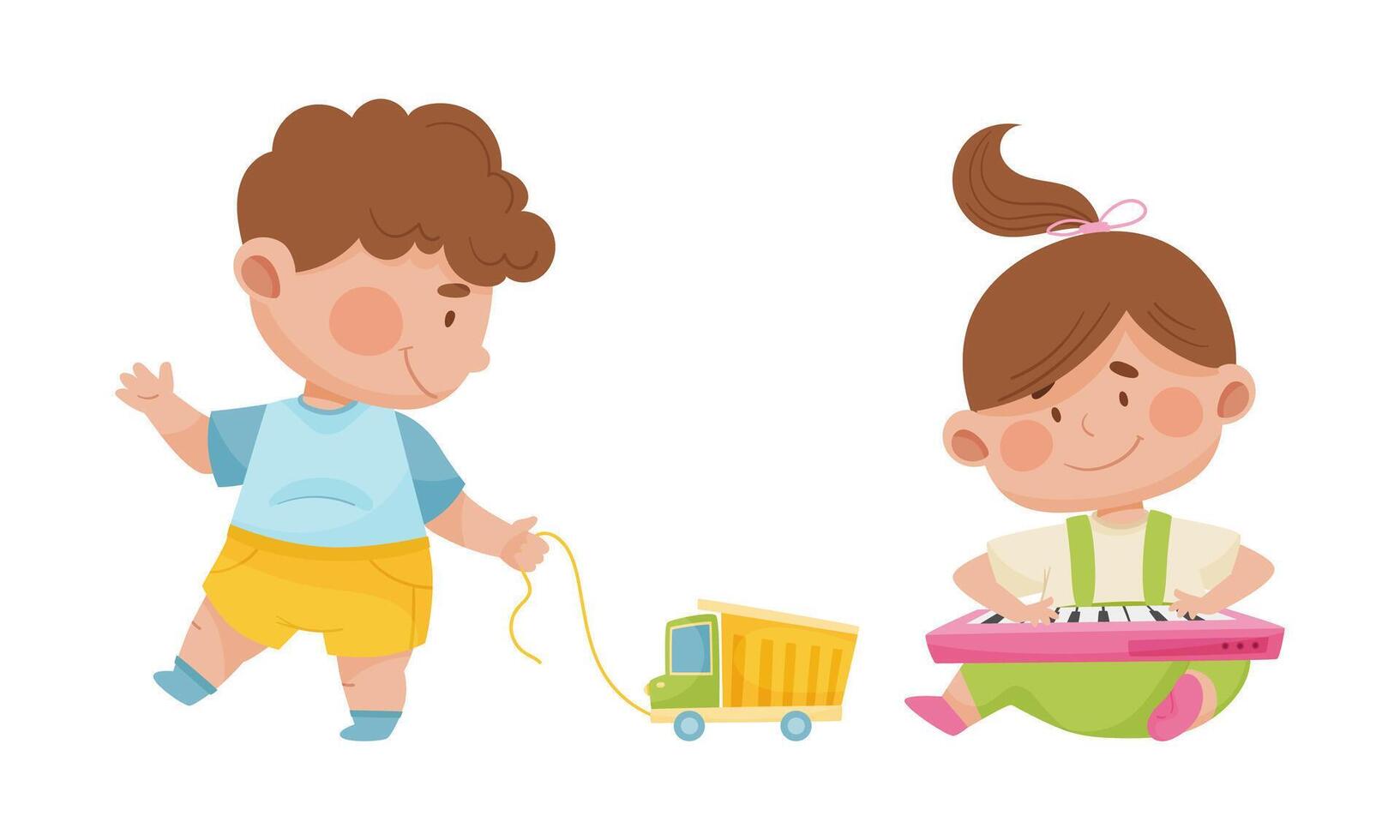 Cute babies playing toys set. Lovely toddler boy and girl playing with truck and piano cartoon illustration vector