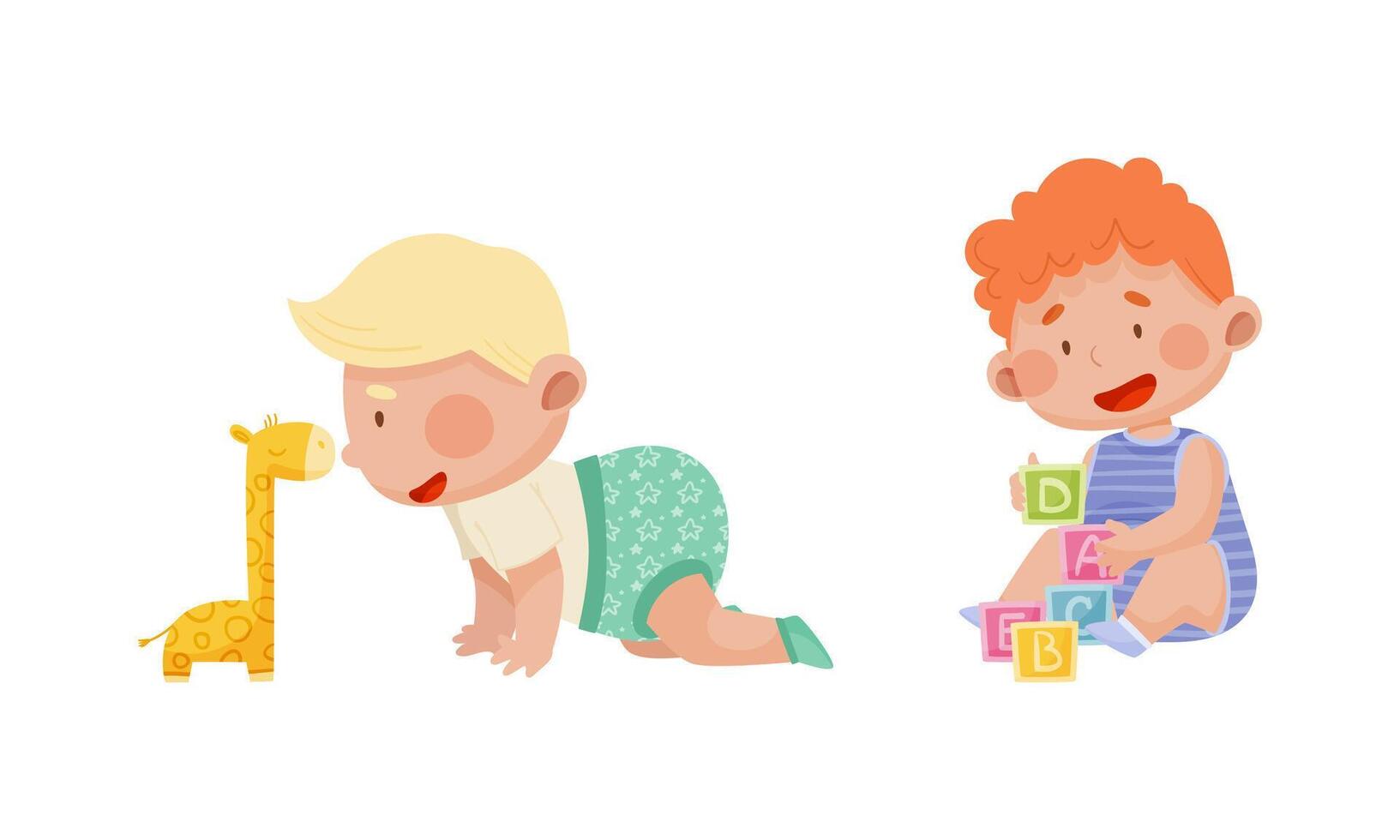 Cute babies playing toys set. Lovely toddler boys playing with giraffe and toy blocks cartoon illustration vector