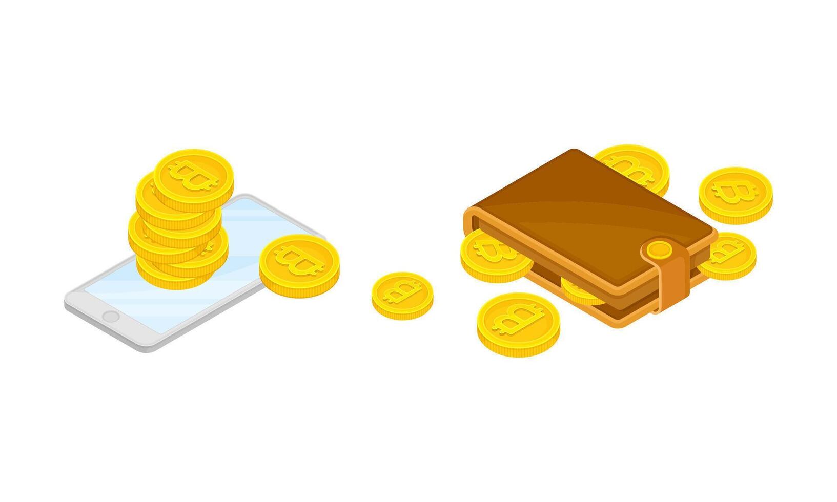 Bitcoins transferring from account to wallet. Cryptocurrency technology, bitcoin exchange cartoon illustration vector