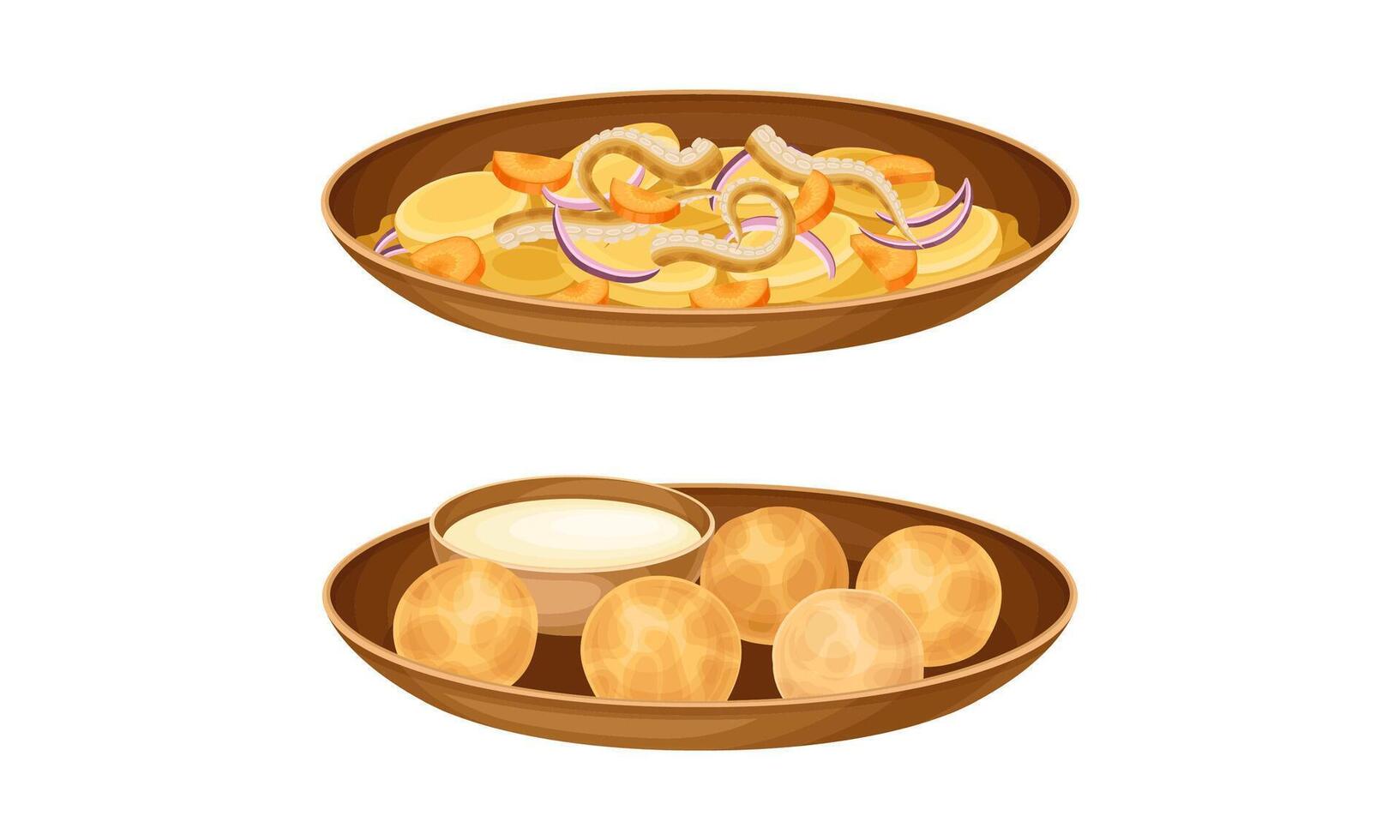 Tasty nutritious dishes set. Main courses served on plates illustration vector