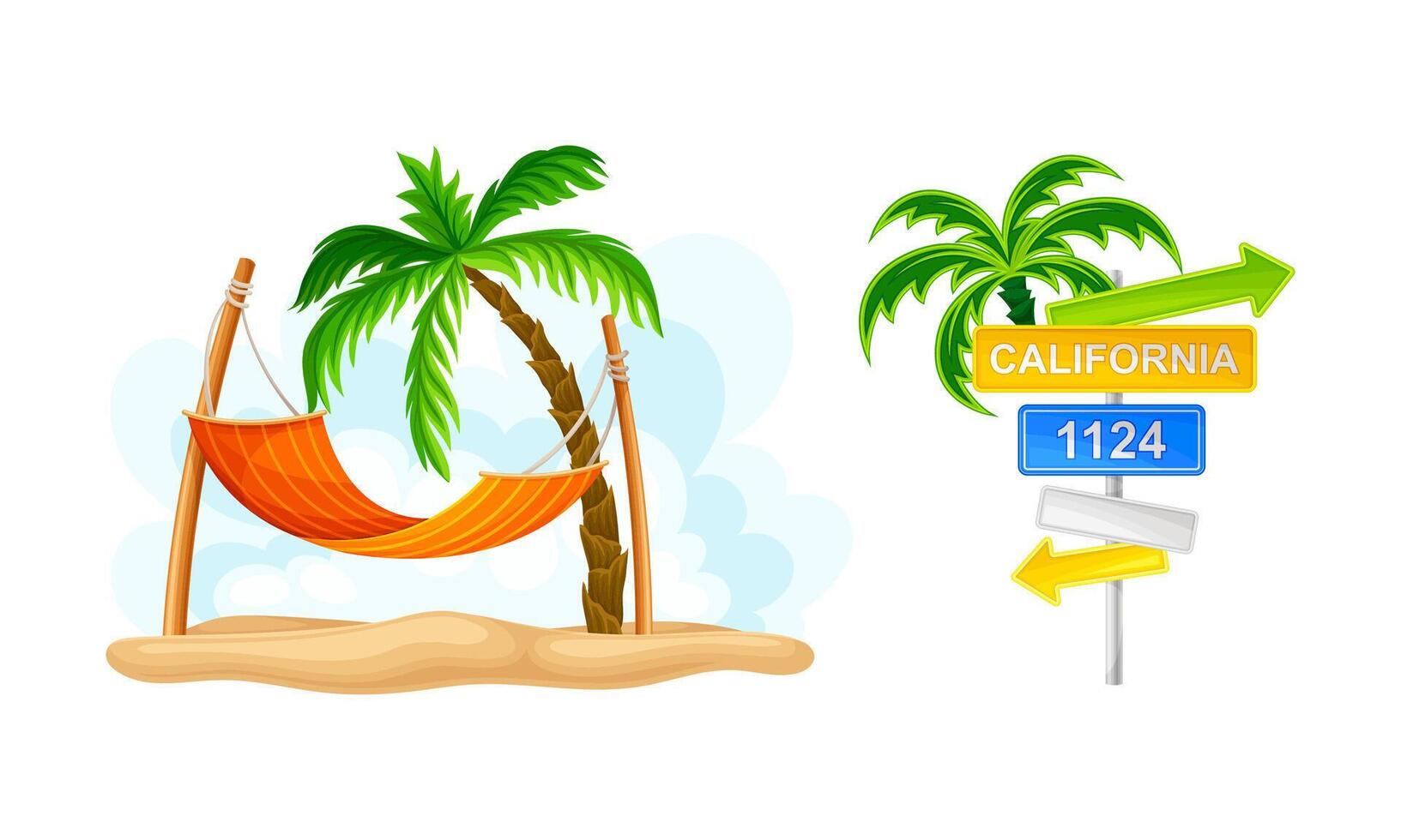 Tropical summer beach objects. Wooden pointer and hammock hanging on palm tree illustration vector