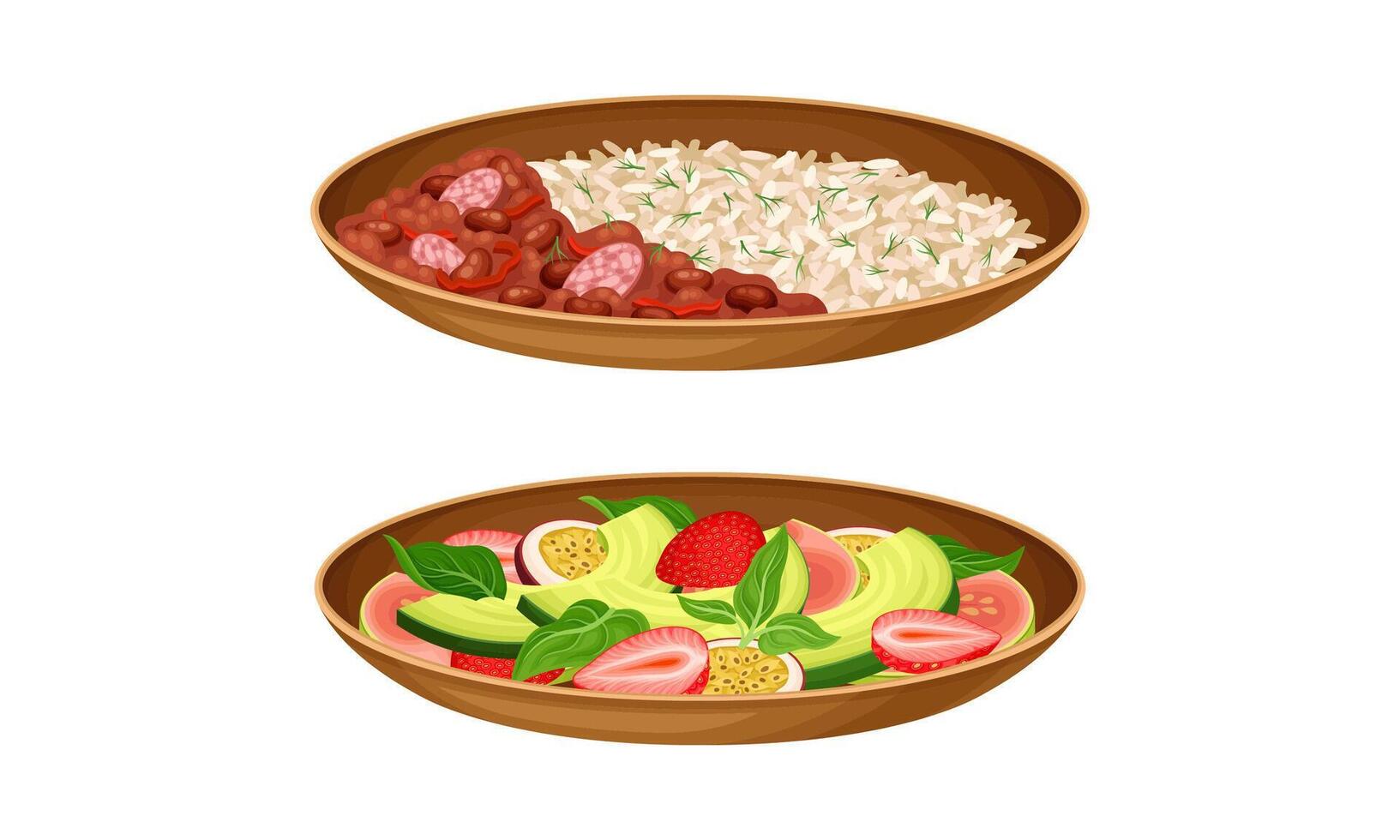 Nutritious tasty dishes set. Rice with stewed beans and salad of fresh vegetables, main courses served on plates illustration vector