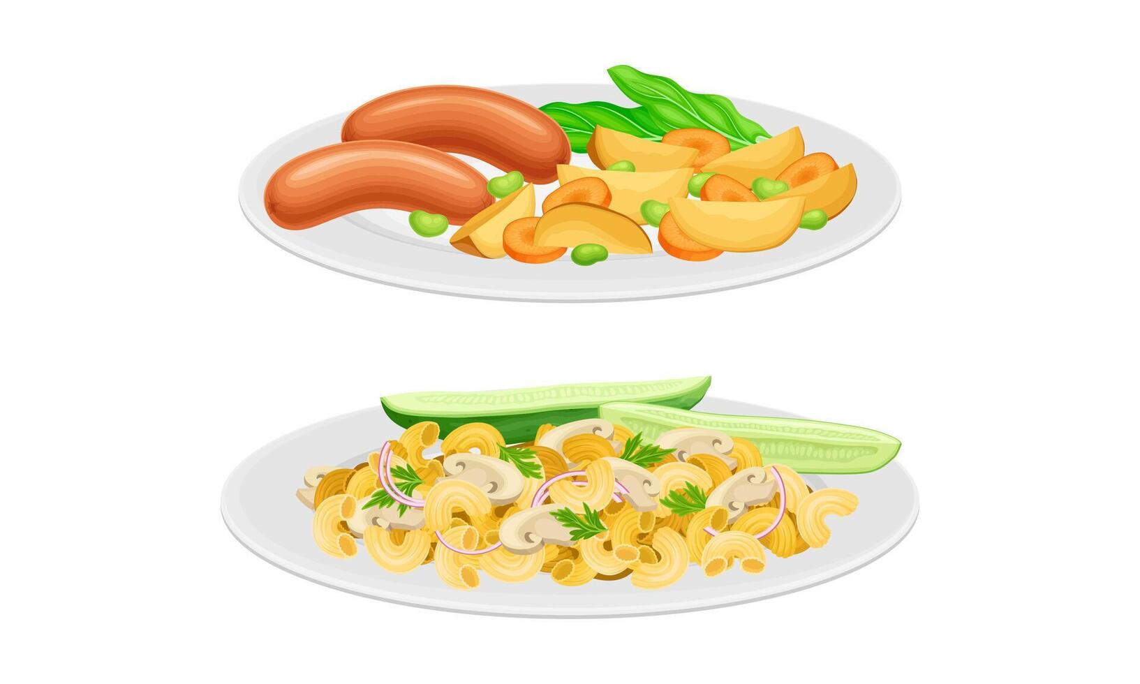 Nutritious tasty dishes served on plates set. Potato with sausages and pasta with mushrooms cartoon illustration vector