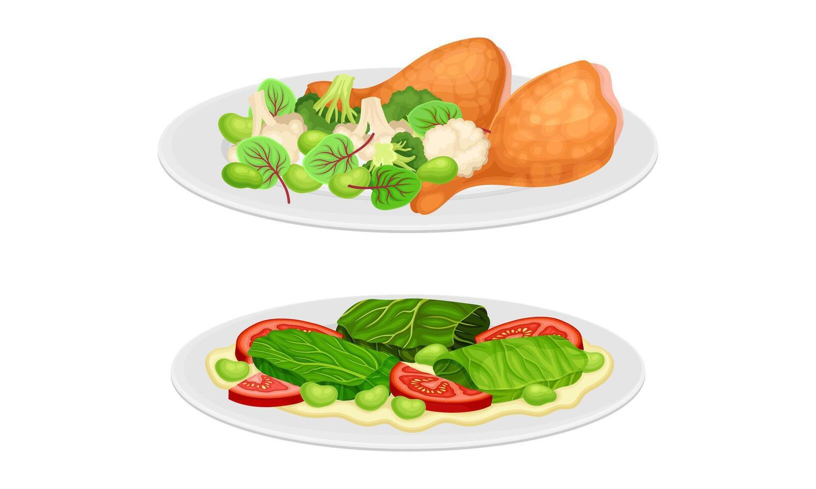 Nutritious tasty dishes served on plates set. Fried drumsticks and vegetables cartoon illustration vector