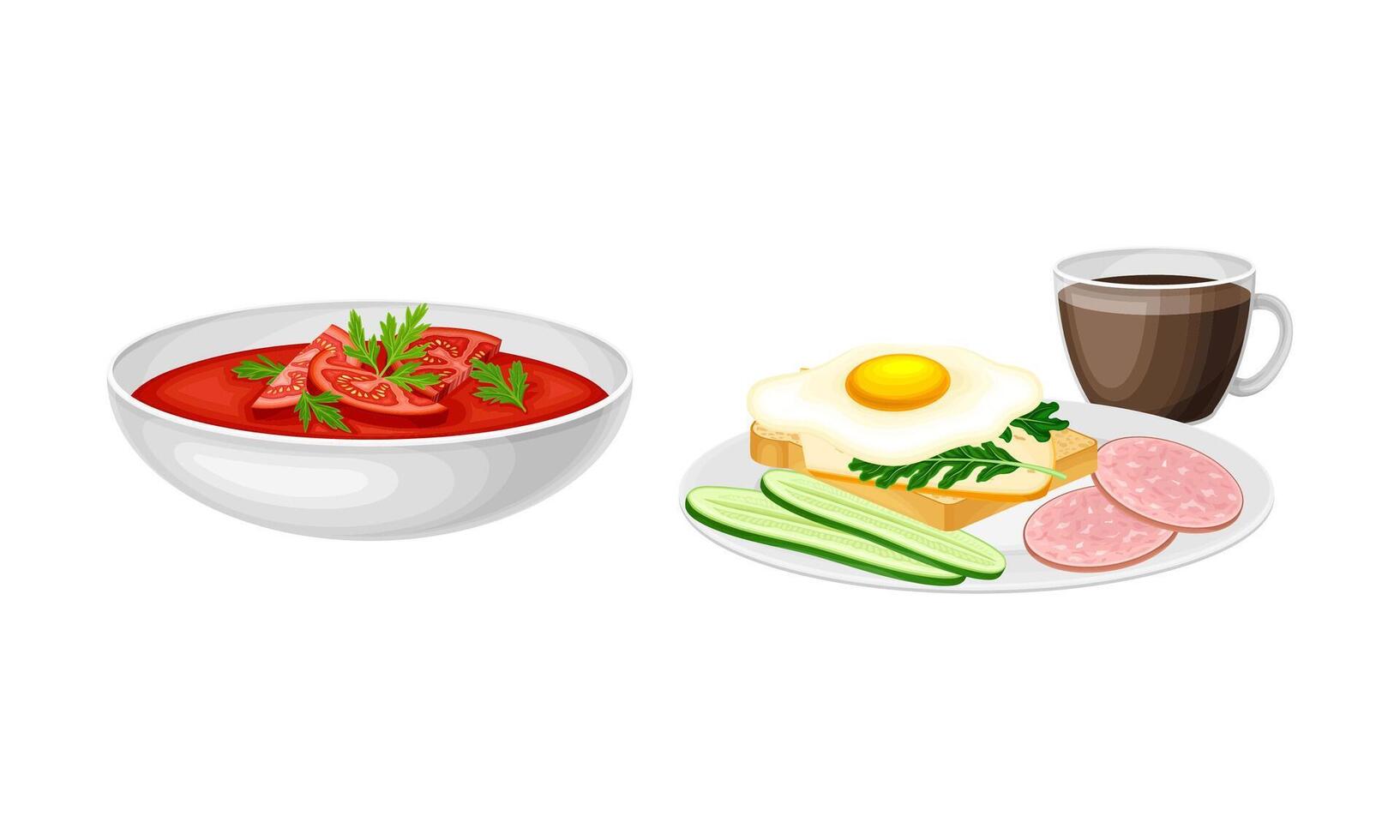 Nutritious tasty dishes served on plates set. Bowl of tomato soup, sandwich with egg, sausage and cup of coffee cartoon illustration vector