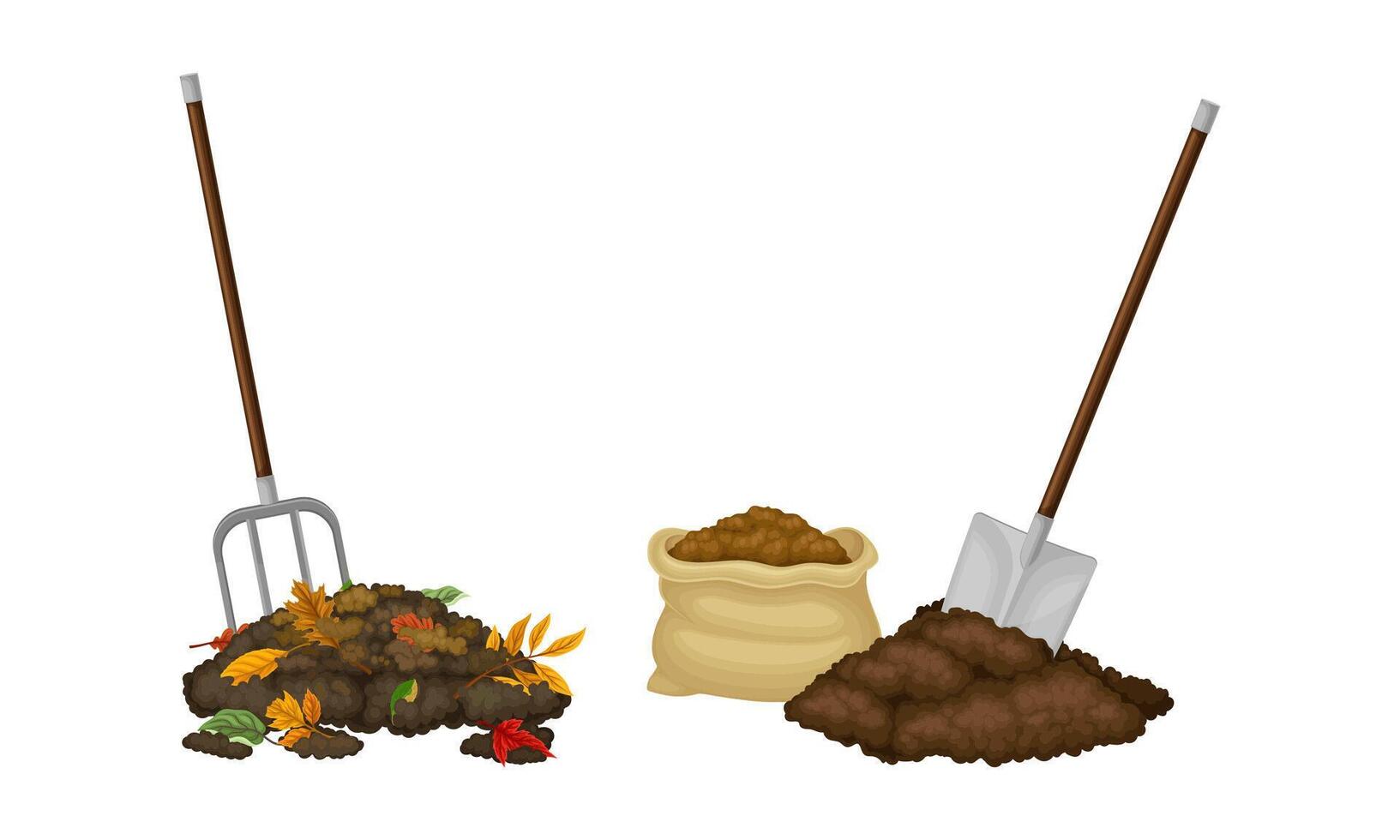 Organic fertilizers for gardening, farming and agriculture industry set. Humus and manure piles illustration vector