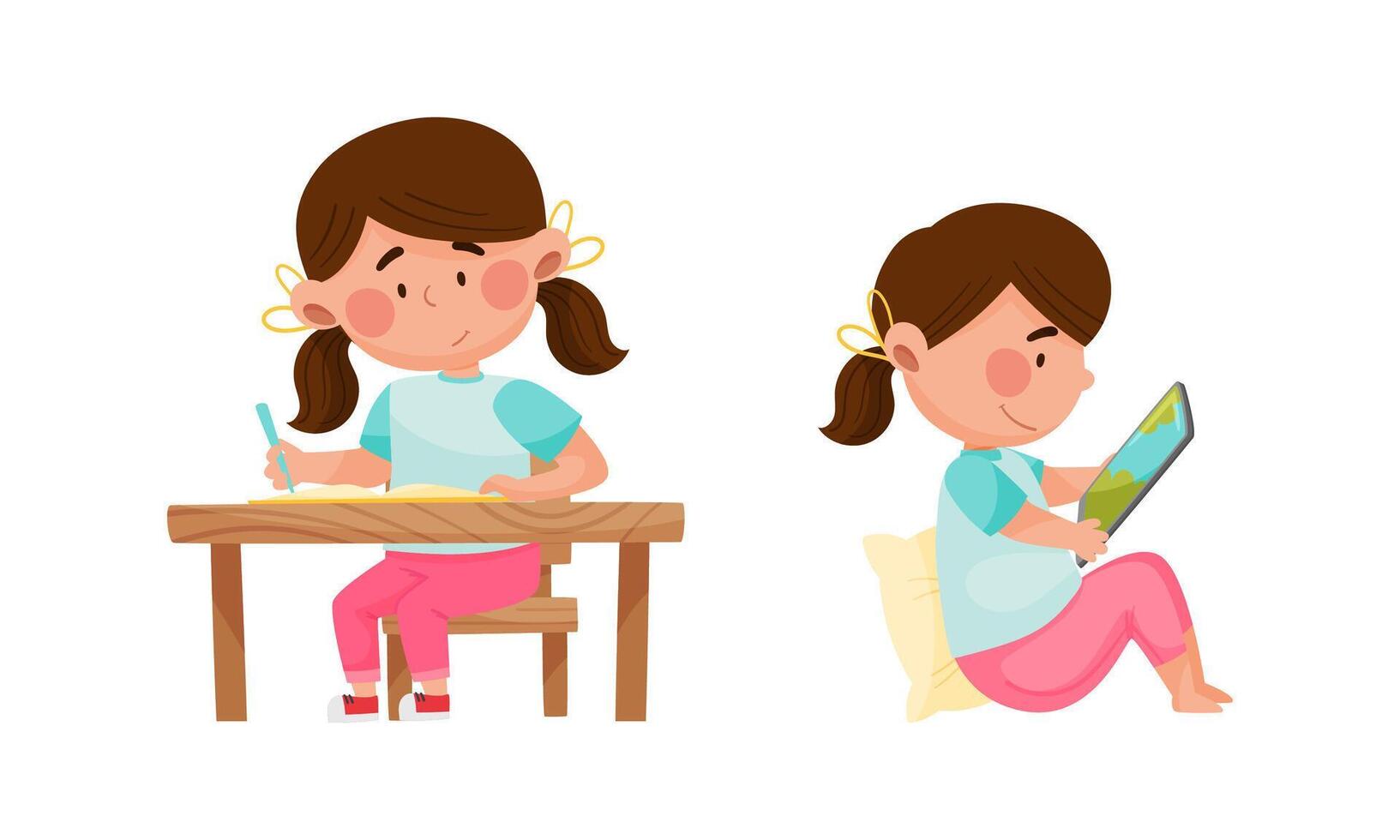 Cute girl daily routine activities set. Child doing her homework and sitting with tablet cartoon illustration vector