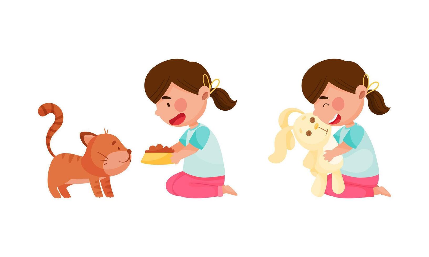 Cute girl daily routine activities set. Child feeding her kitten and playing toy bunny cartoon illustration vector