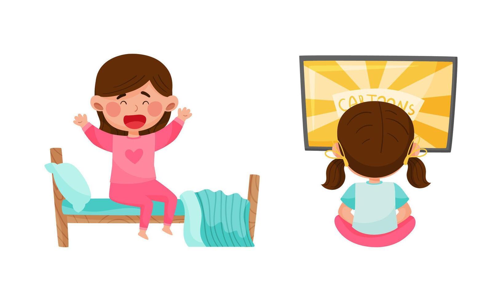 Cute girl daily routine activities set. Cute waking up at morning and watching TV cartoon illustration vector