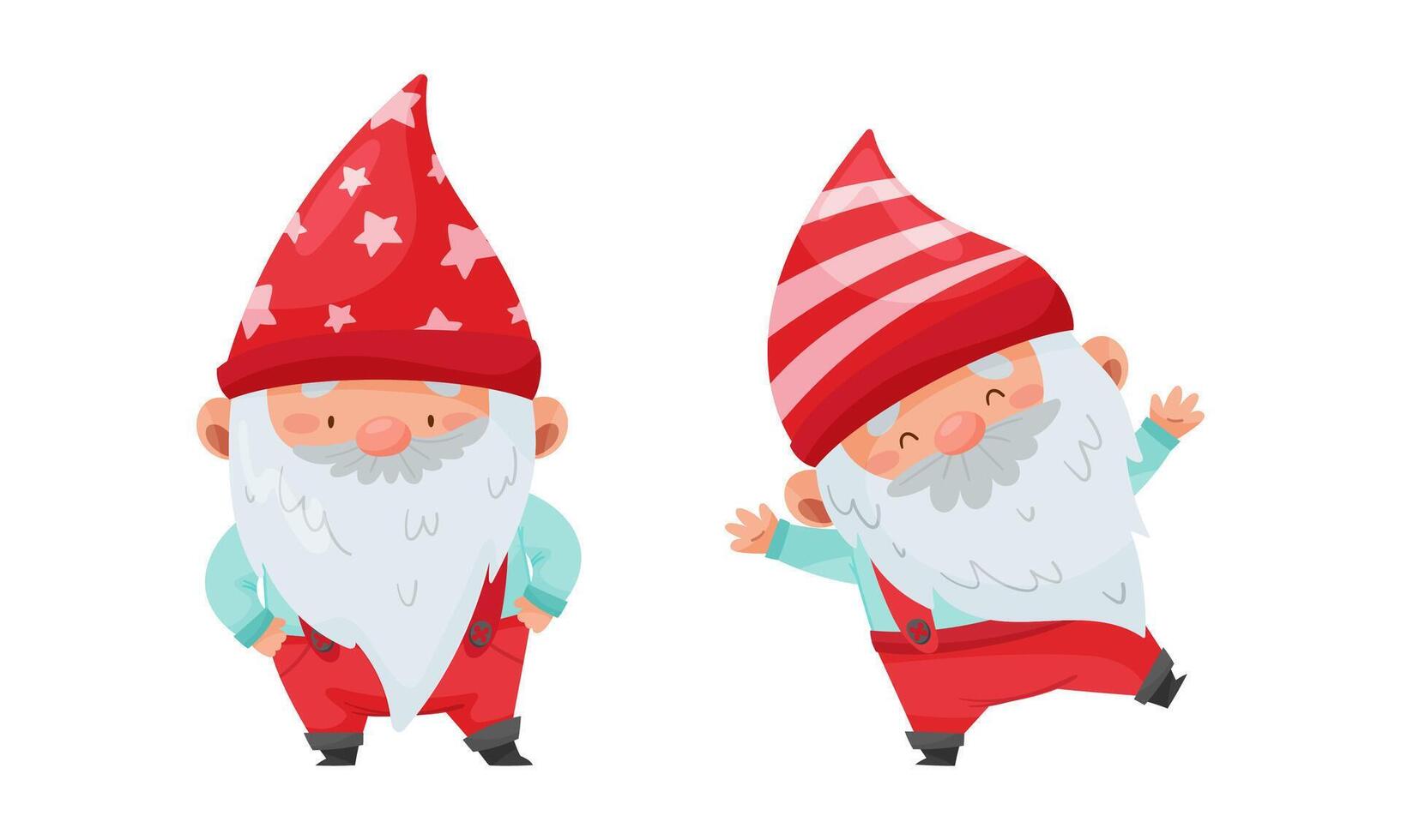 Set of Christmas gnomes. Cute funny cheerful bearded gnome character in red cap cartoon illustration vector