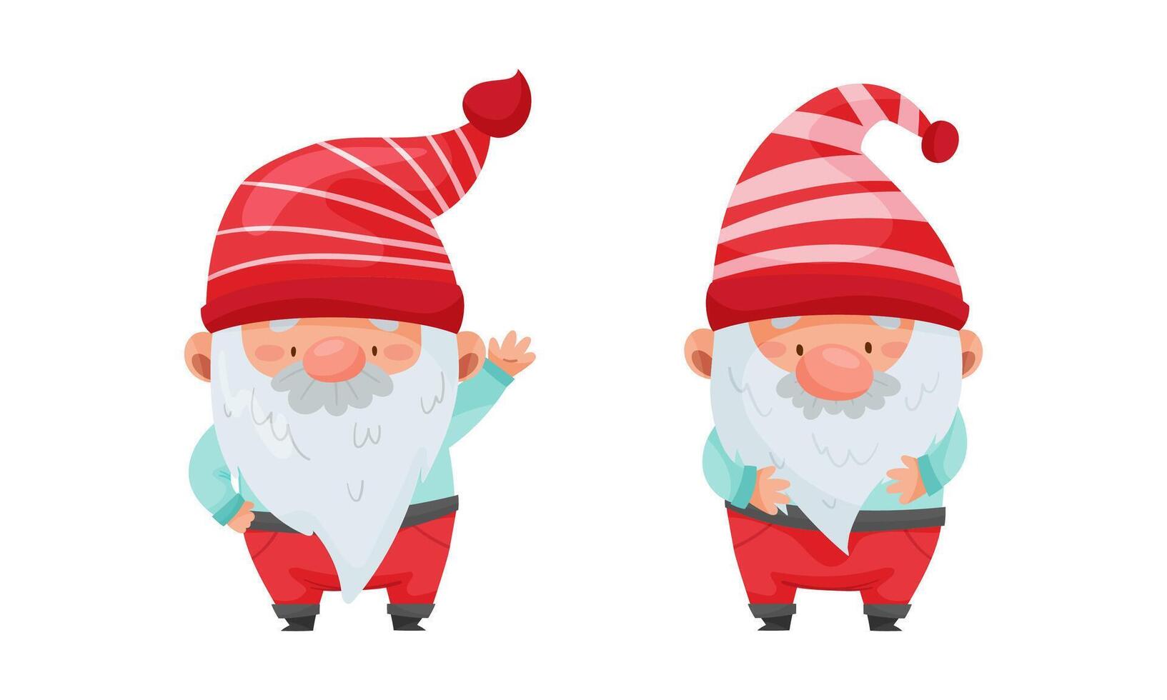 Set of Christmas gnome characters. Cute cheerful bearded gnome in red cap waving hand cartoon illustration vector