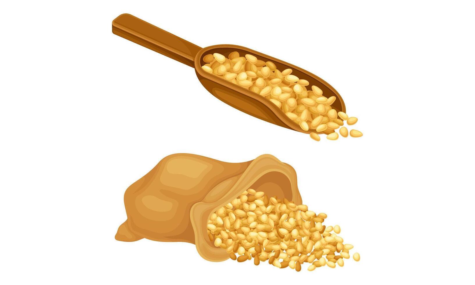 Cereal grains set. Scoop and sack of wheat, barley or rye grains illustration vector