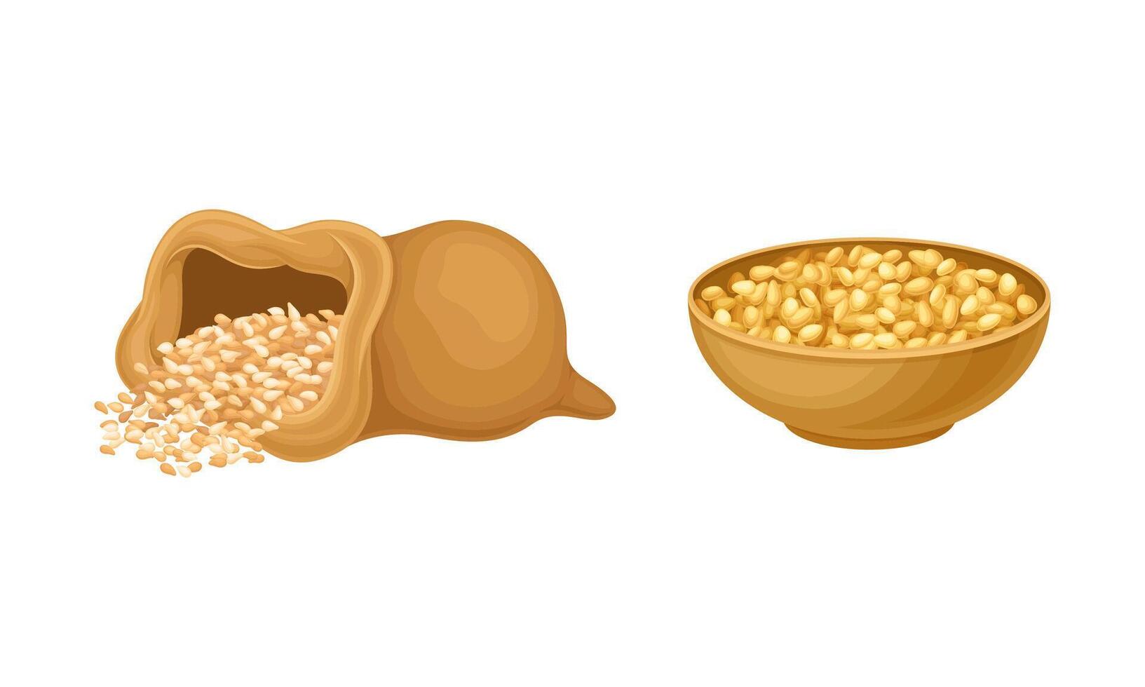 Cereal grains set. Wooden bowl and sack of wheat, barley or rye grains illustration vector