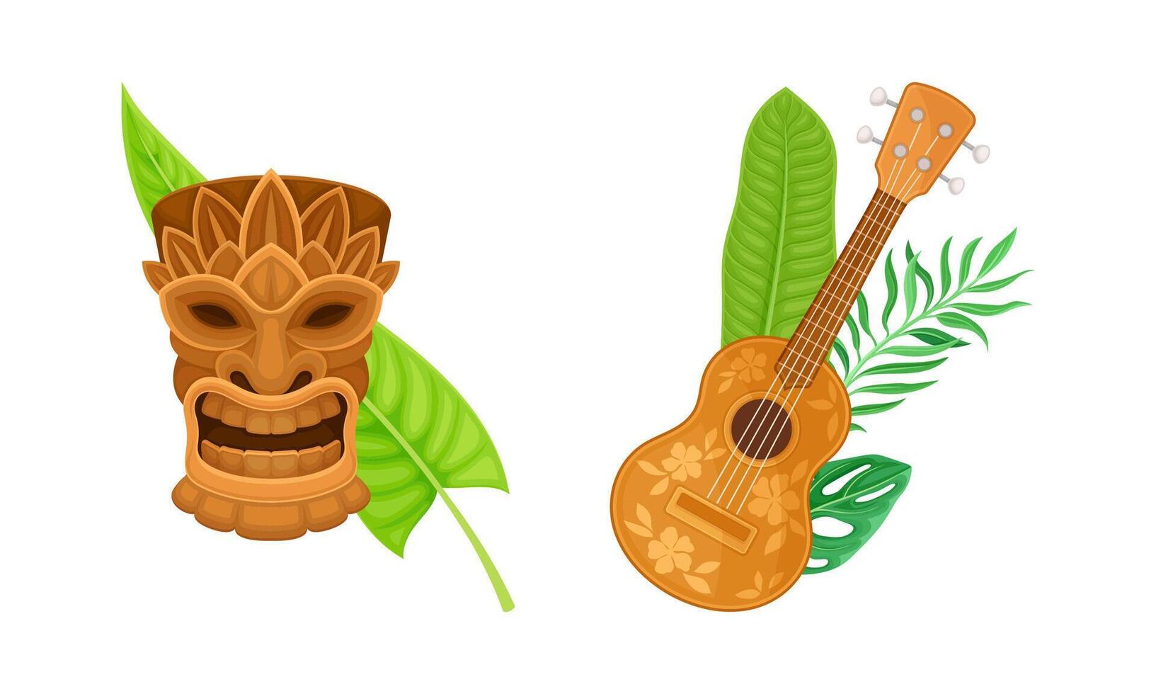 Hawaii symbols set. Tiki mask and guitar cartoon illustration vector