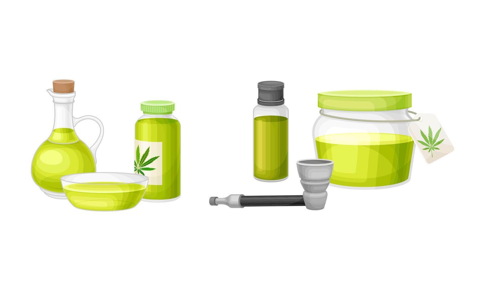 Cannabis and hemp processing products set. Hemp seed oil and cosmetic products illustration vector