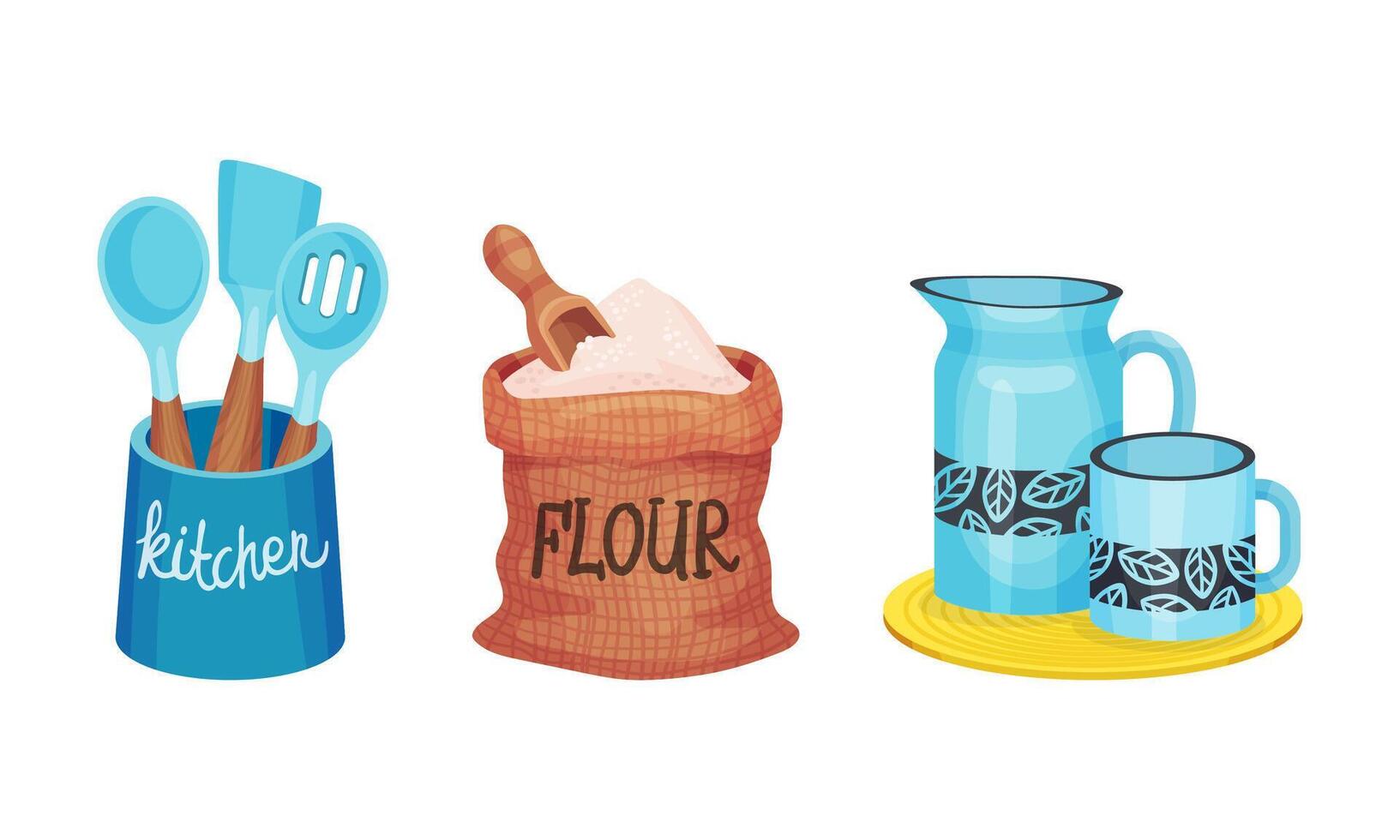 Kitchen utensils set. Kitchen tools, sack of flour, ceramic pitcher and mug cartoon illustration vector