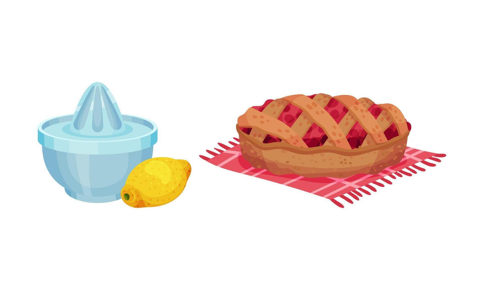 Citrus juicer and freshly baked pie cartoon illustration vector
