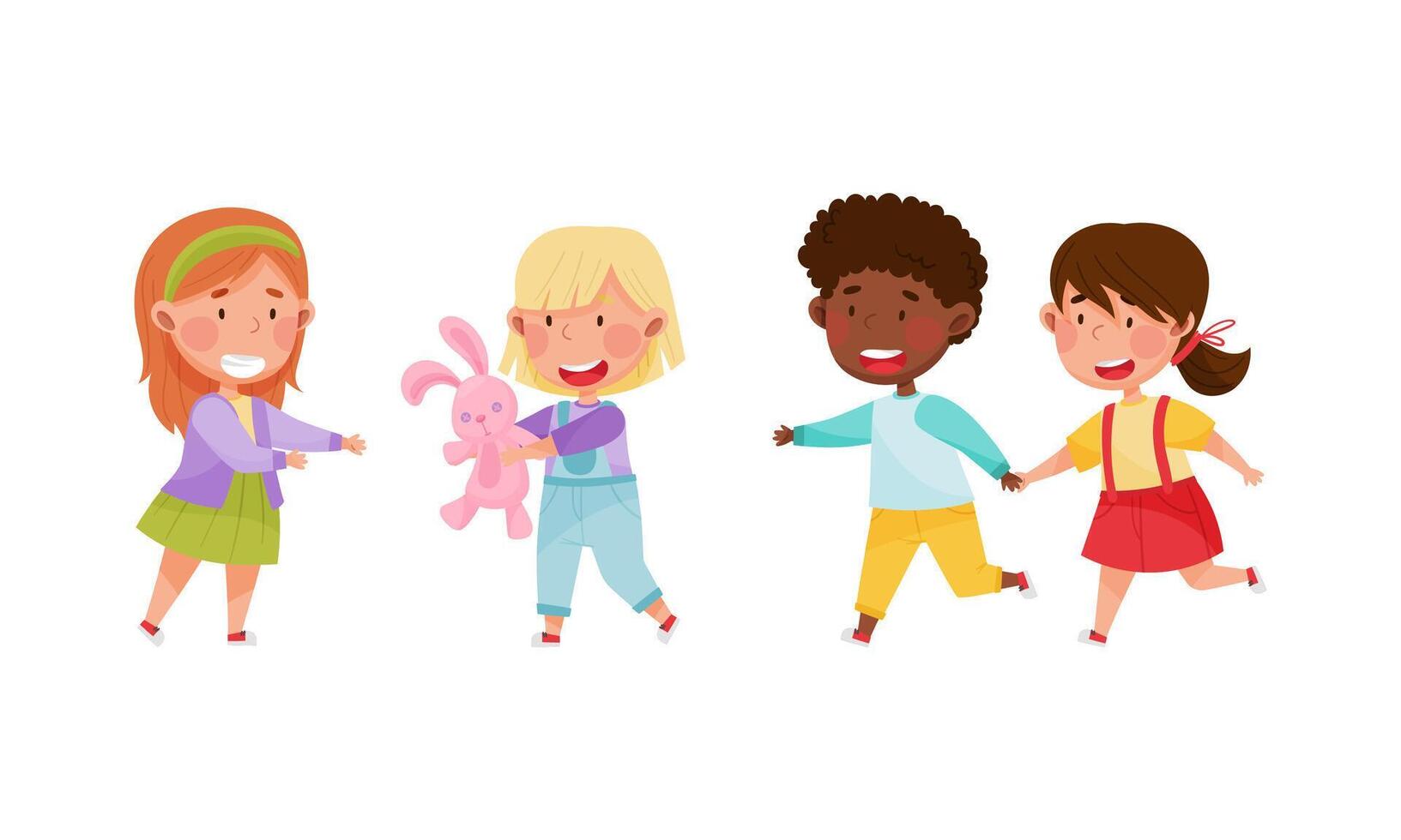 Cute happy kids playing together set cartoon illustration vector