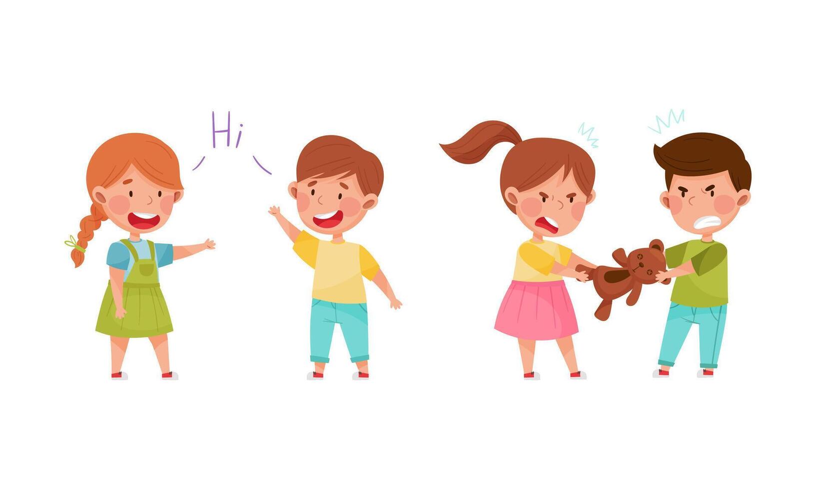 Cute kids playing together set. Little children arguing over toy teddy bear and greeting each other cartoon illustration vector