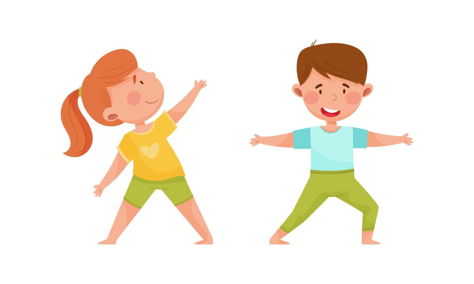 Kids doing yoga in different yoga poses. Boy and girl doing sports exercises cartoon illustration vector