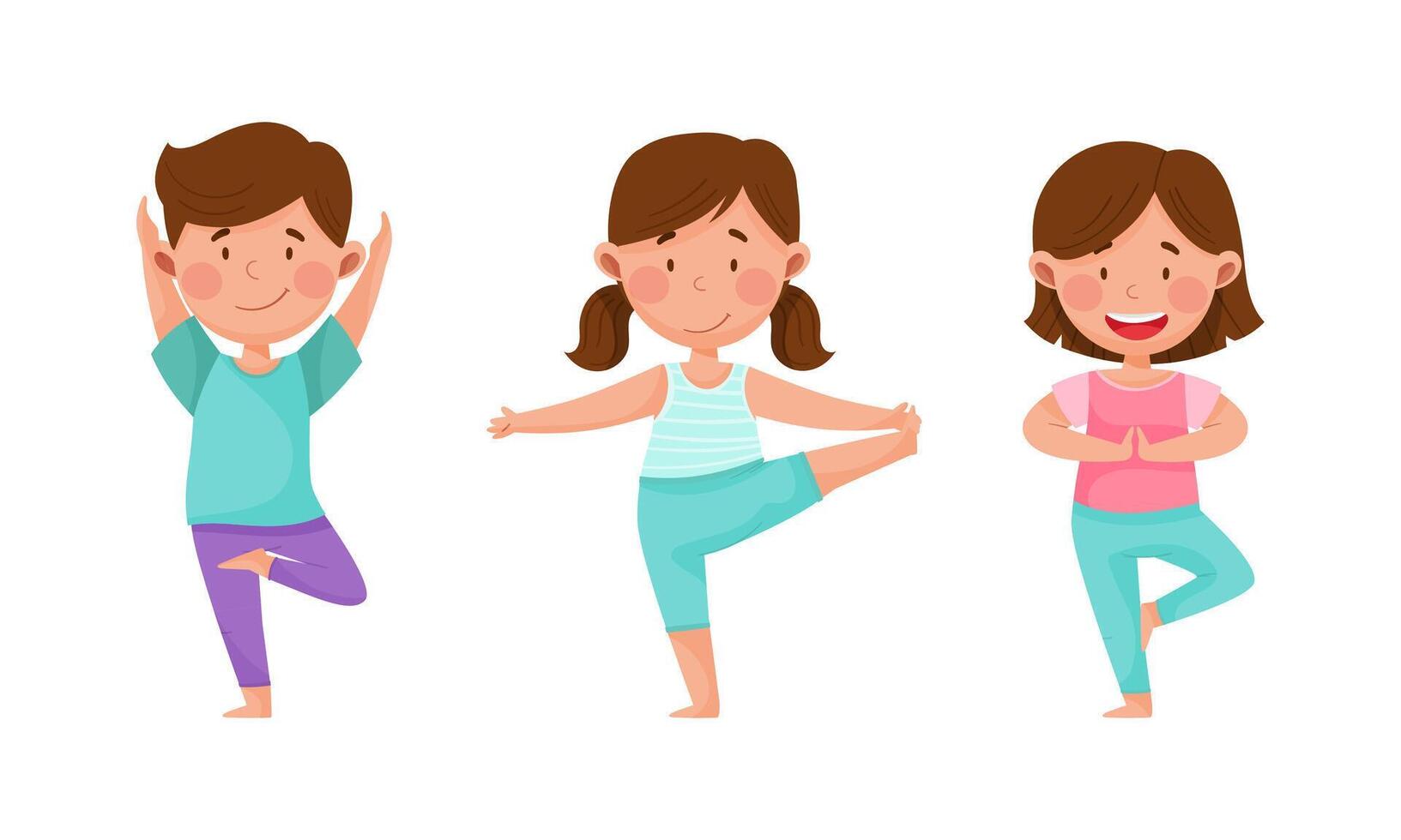 Kids doing yoga in different yoga poses. Cute children doing sports exercises cartoon illustration vector