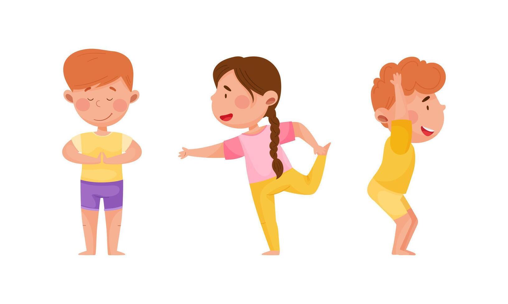 Kids doing yoga in different yoga poses set cartoon illustration vector