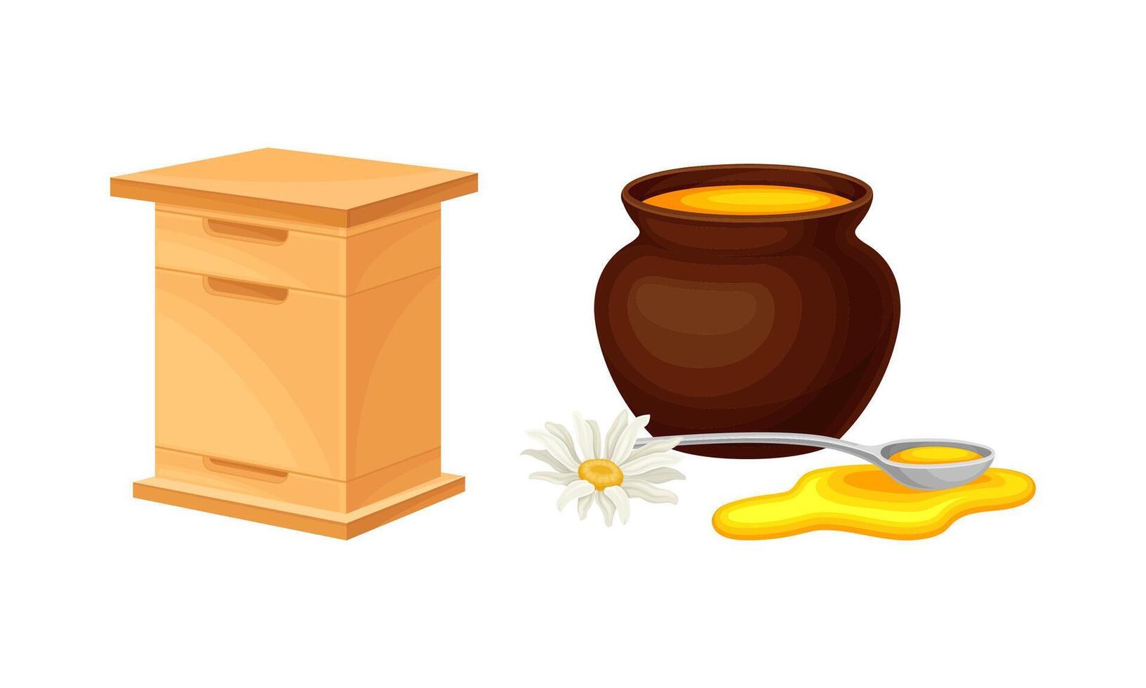 Beekeeping and honey production set. Wooden beehive and pot of honey illustration vector