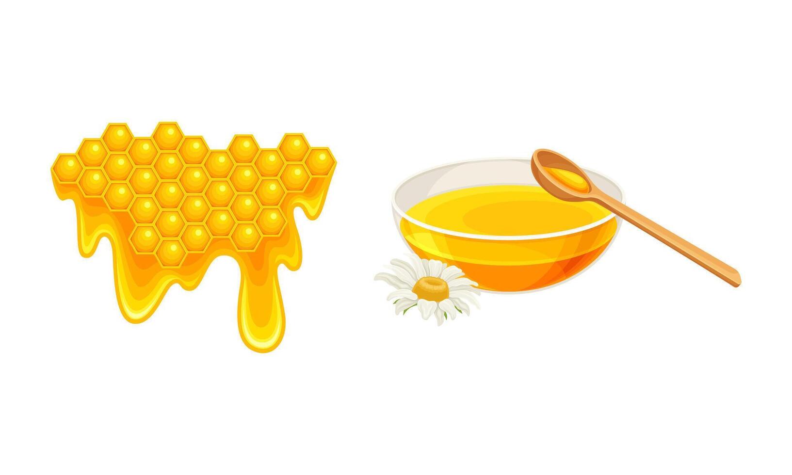 Beekeeping set. Honeycomb slice with liquid dripping honey and bowl of fresh honey, apiculture product illustration vector