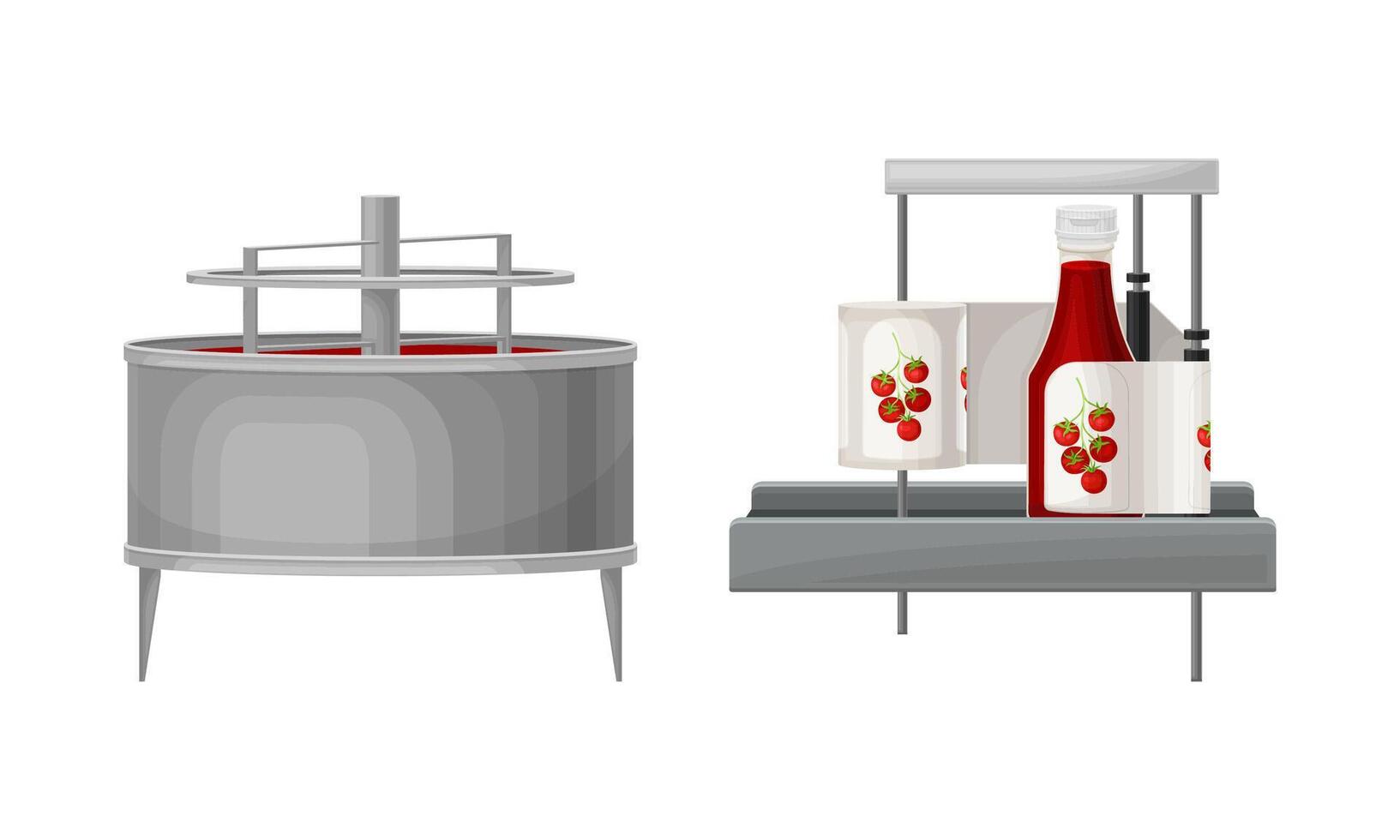Ketchup manufacturing process set. Equipment for the production of tomato sauce illustration vector