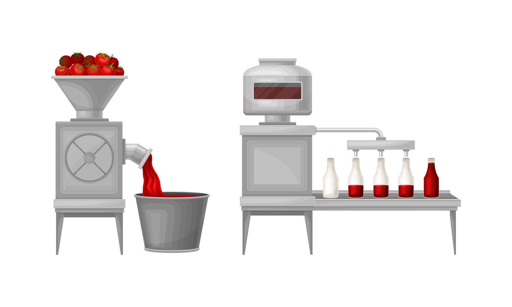 Ketchup manufacturing process set. Crushing vegetables and packaging into bottles illustration vector