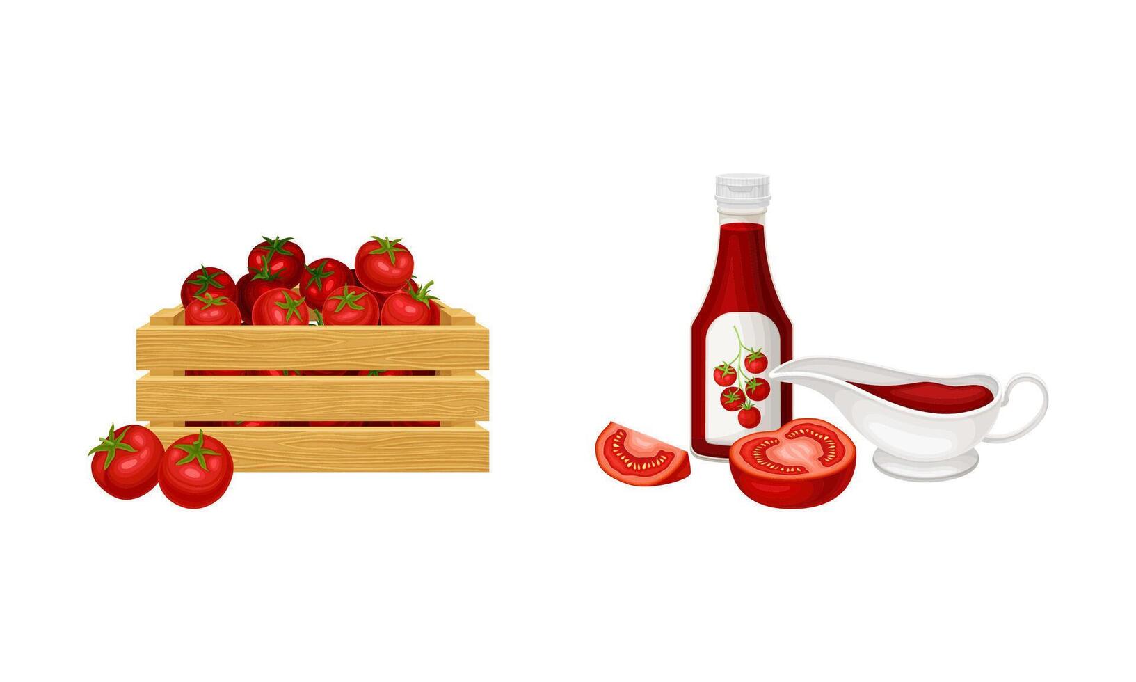 Crate of ripe tomatoes and bottle of ketchup illustration vector