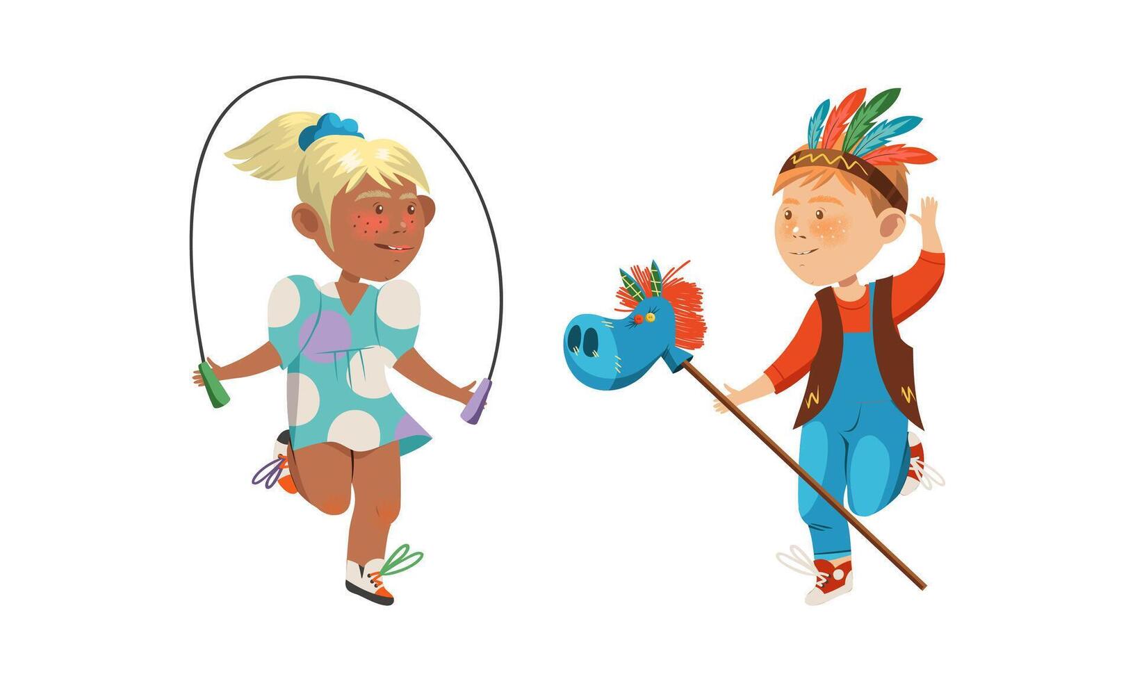 Set of kids hobbies. Boy and girl jumping with skipping rope and riding stick horse cartoon illustration vector