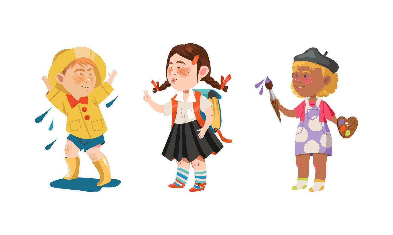 Set of kids hobbies. Boy in rubber boots jumping in puddles. Girls going to school with backpack and painting with brush cartoon illustration vector