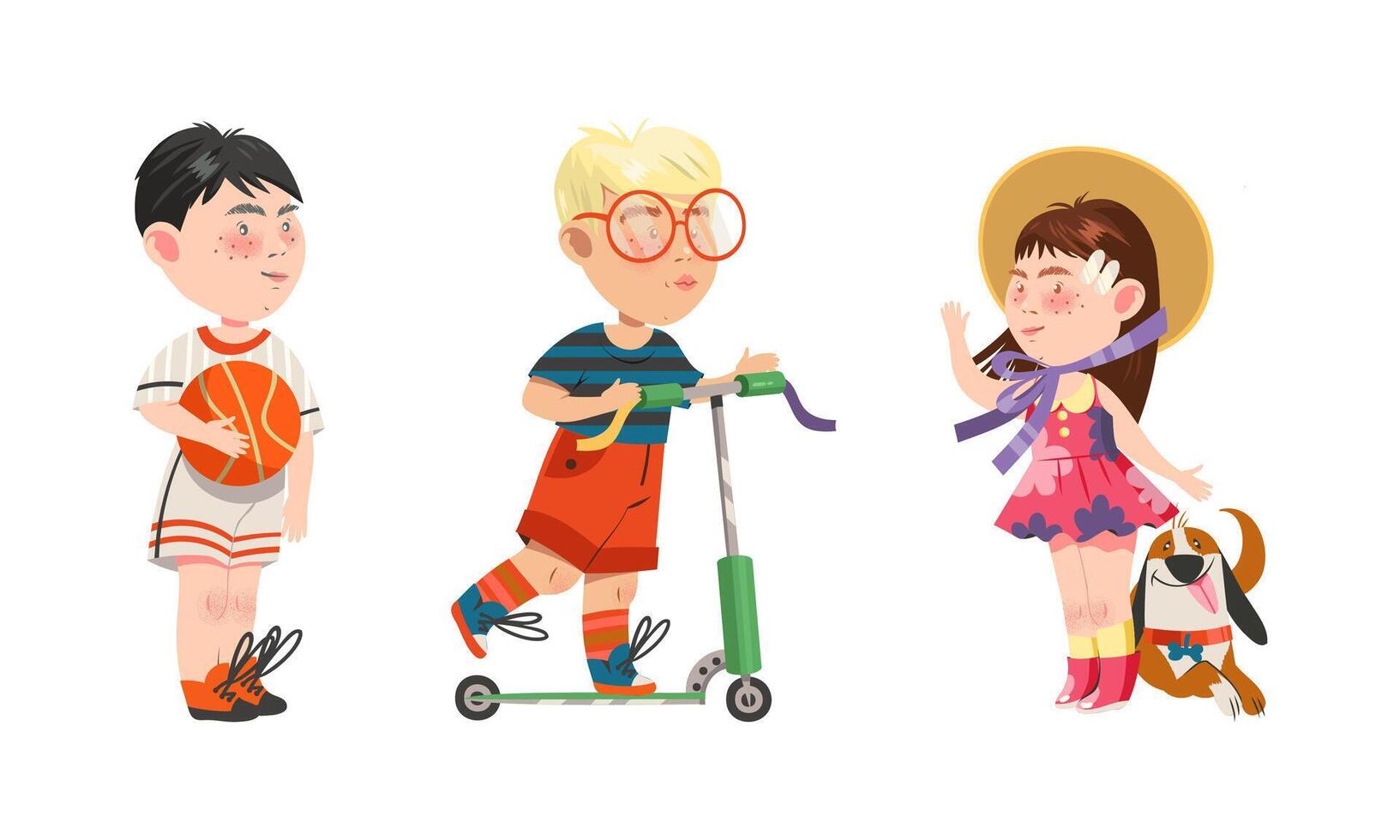 Set of kids hobbies. Children playing with ball, riding kick scooter and walking with dog cartoon illustration vector