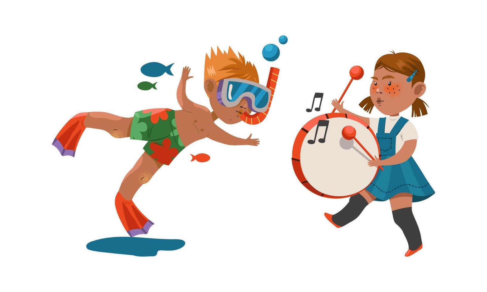 Set of kids hobbies. Boy scuba diving underwater and girl playing drum cartoon illustration vector