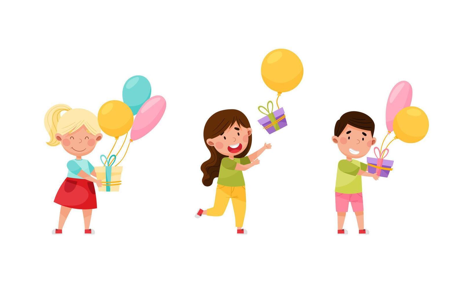 Set of happy kids holding balloons and gift boxes. Children celebrating birthday cartoon illustration vector