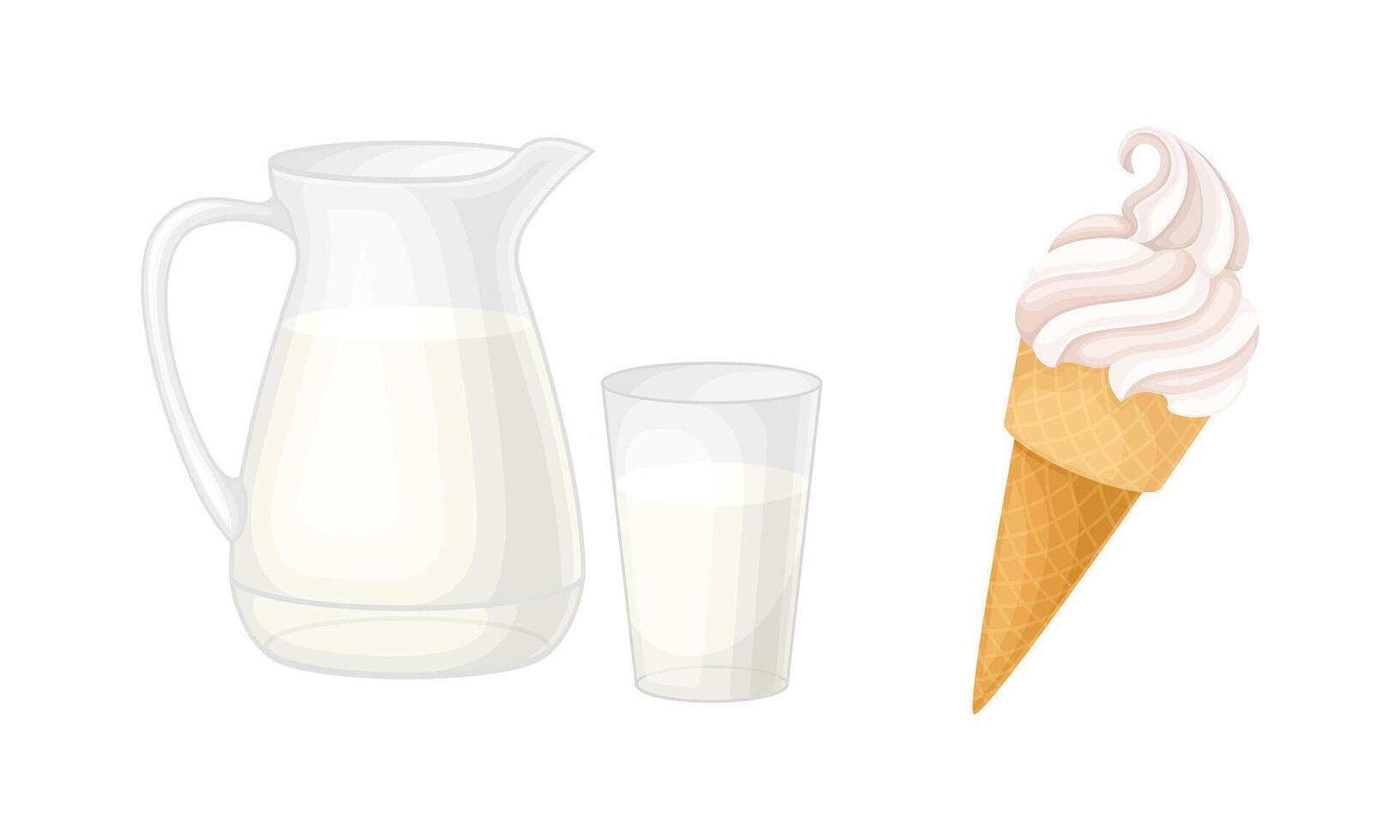 Dairy products set. Ceramic pitcher of milk and ice cream in waffle cone illustration vector