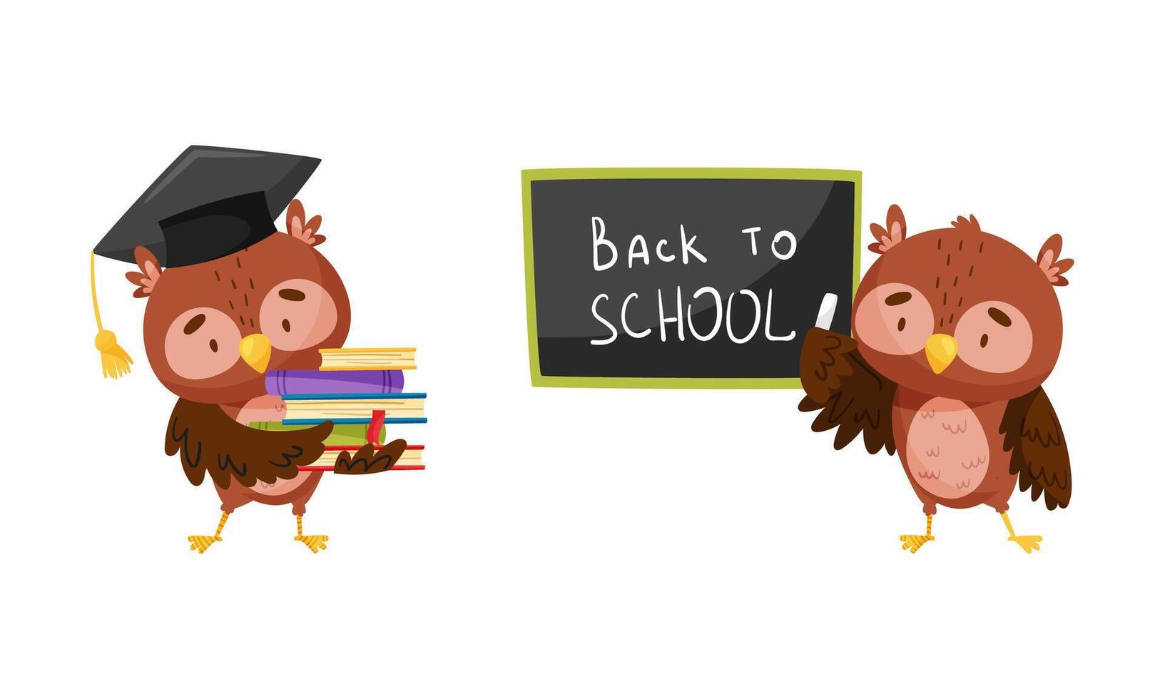 Cute clever owls set. Owlets standing at blackboard and holding stack of books cartoon illustration vector