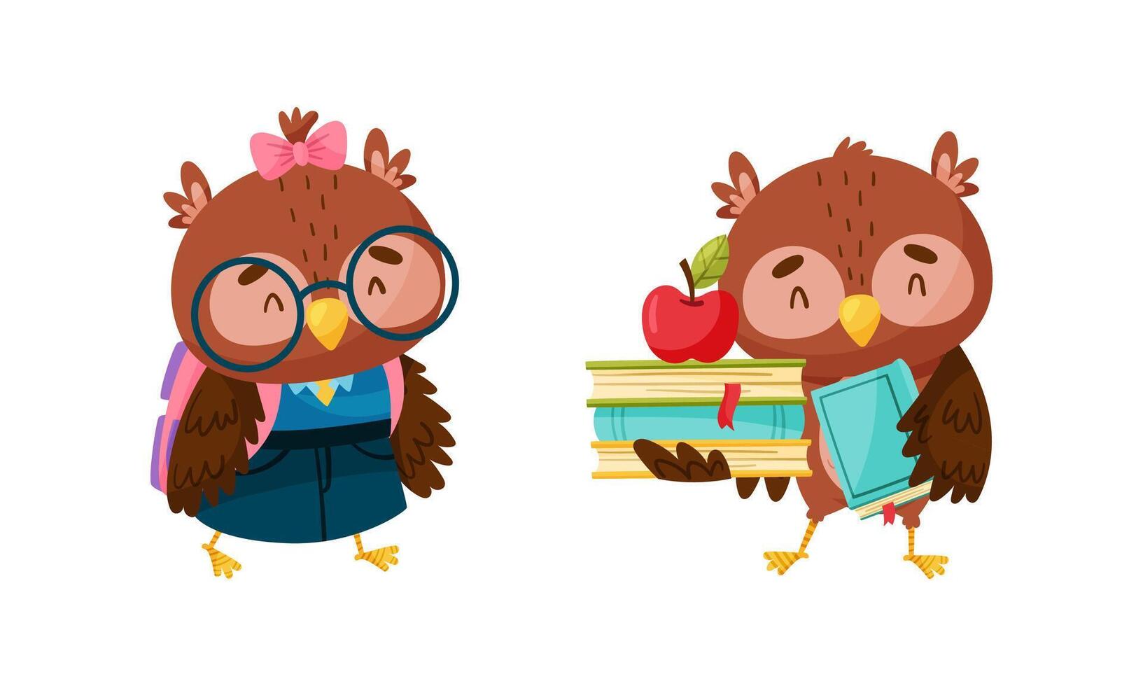Cute clever owls set. Adorable owlets with backpack and stack of books cartoon illustration vector
