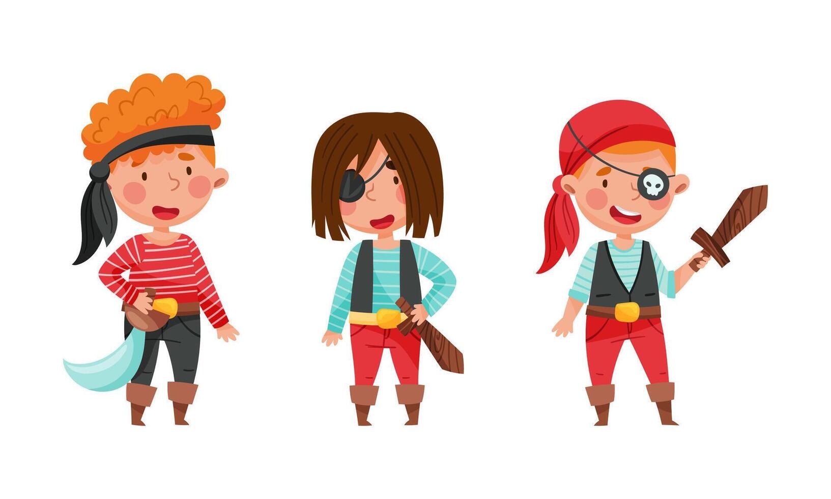 Happy little boys dressed in pirate costumes holding daggers set cartoon illustration vector